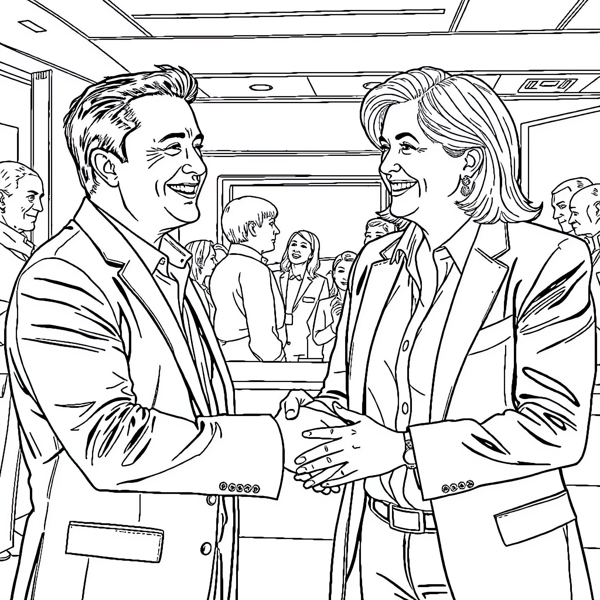 Elon Musk and Hillary Clinton Shaking Hands in a Formal Setting Coloring Page (free black-and-white line drawing printable PDF for all, from beginners to advanced learners, including children, teens, adults, and seniors)