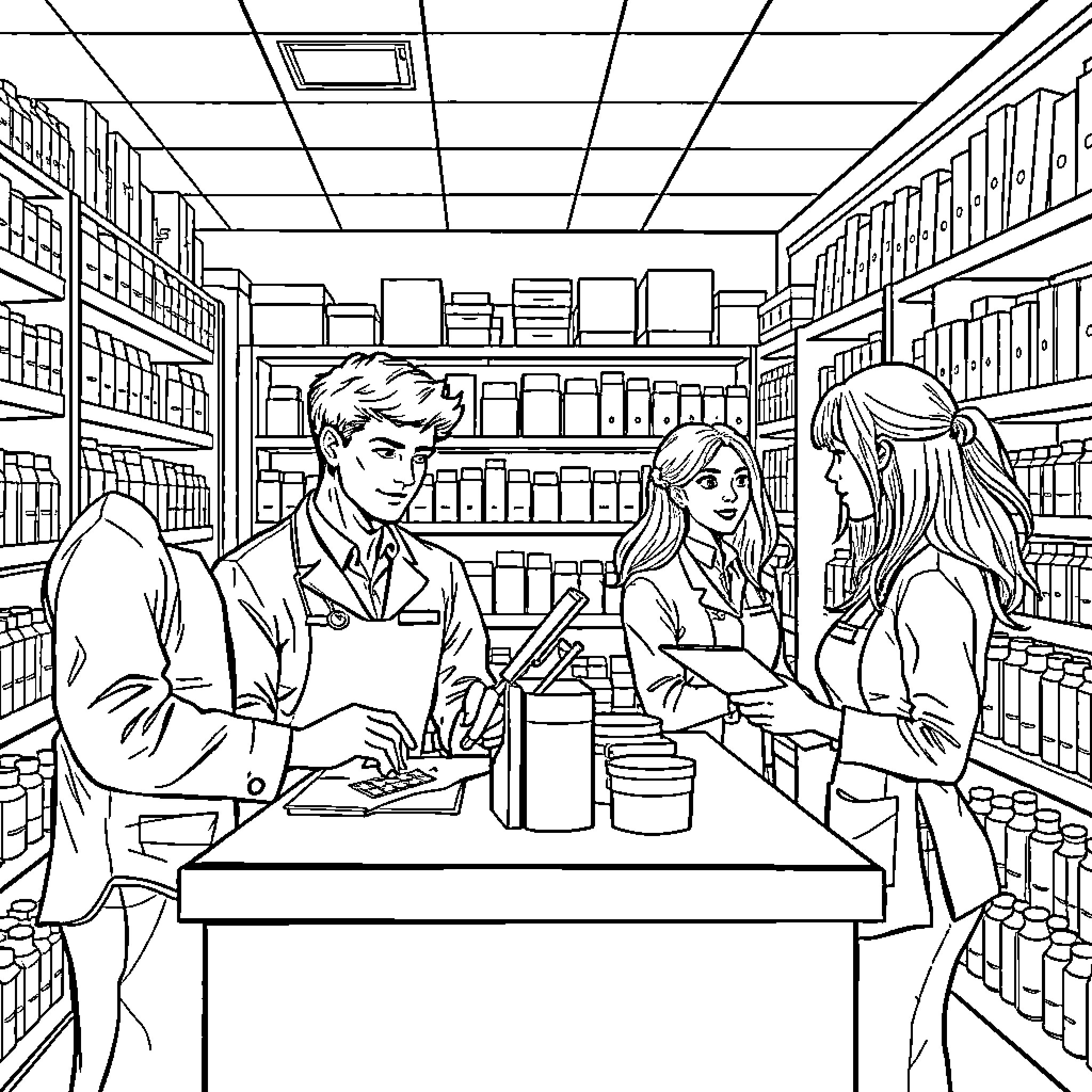 Pharmacist Assisting Customers in the Pharmacy Coloring Page (free black-and-white line drawing printable PDF for all, from beginners to advanced learners, including children, teens, adults, and seniors)