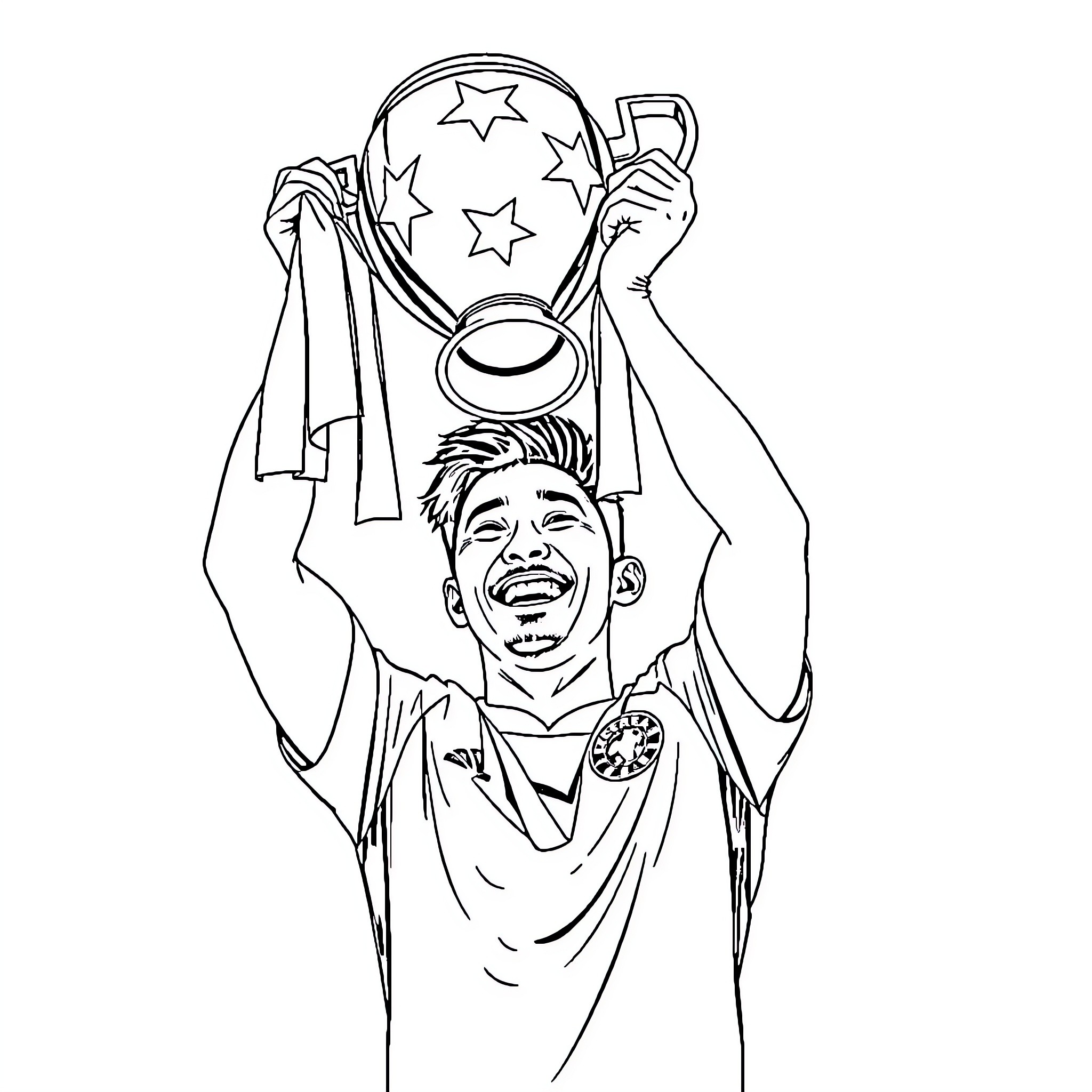 Son Heung Min celebrating victory with trophy Coloring Page (free black-and-white line drawing printable PDF for all, from beginners to advanced learners, including children, teens, adults, and seniors)