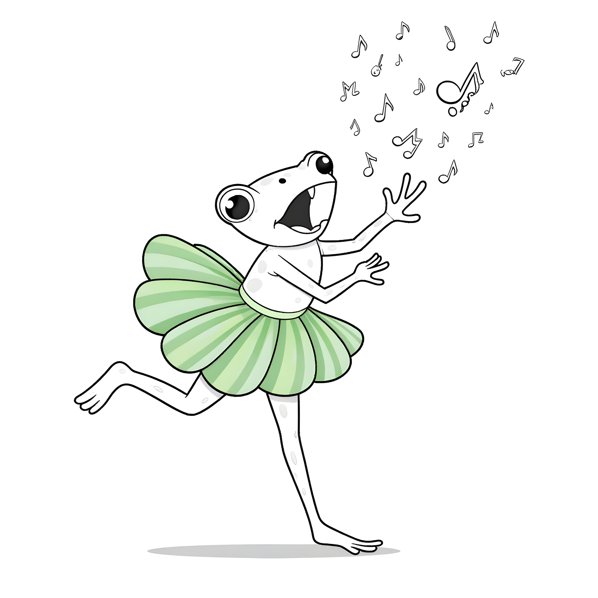 Frog dancing joyfully with musical notes Coloring Page (free black-and-white line drawing printable PDF for all, from beginners to advanced learners, including children, teens, adults, and seniors)