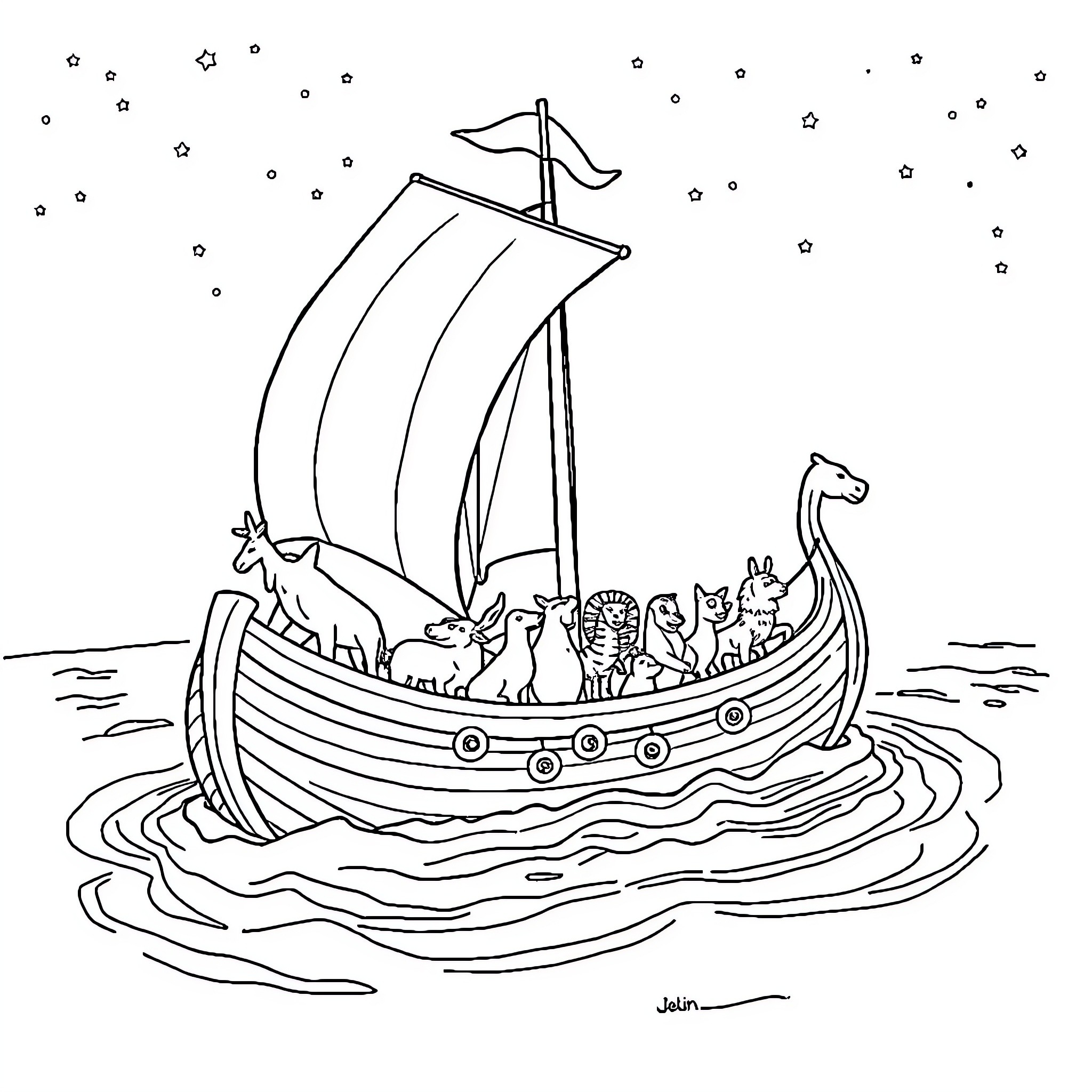Noah's Ark sailing with diverse animals aboard Coloring Page (free black-and-white line drawing printable PDF for all, from beginners to advanced learners, including children, teens, adults, and seniors)