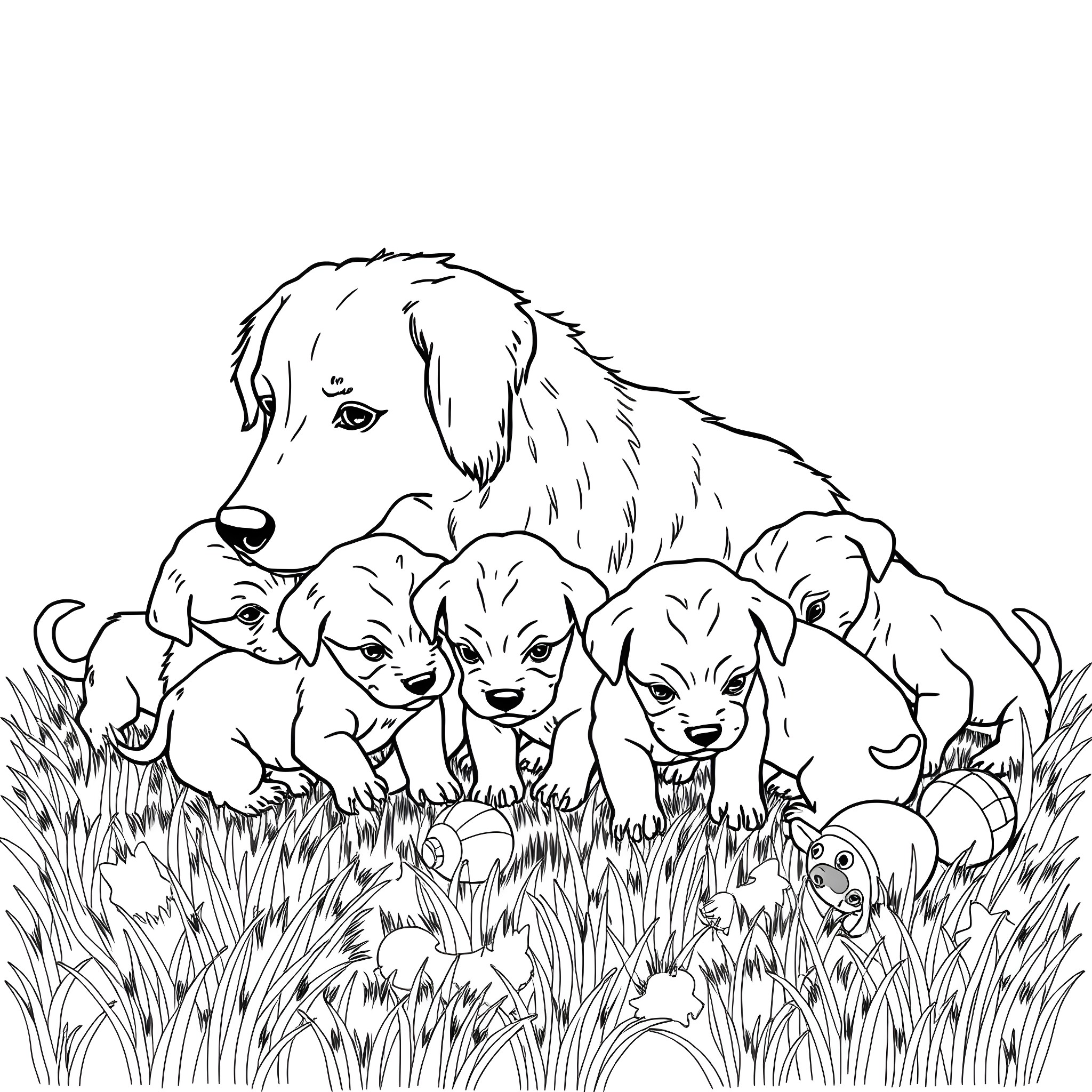 Dog with Puppies Frolicking in the Grass Coloring Page (free black-and-white line drawing printable PDF for all, from beginners to advanced learners, including children, teens, adults, and seniors)