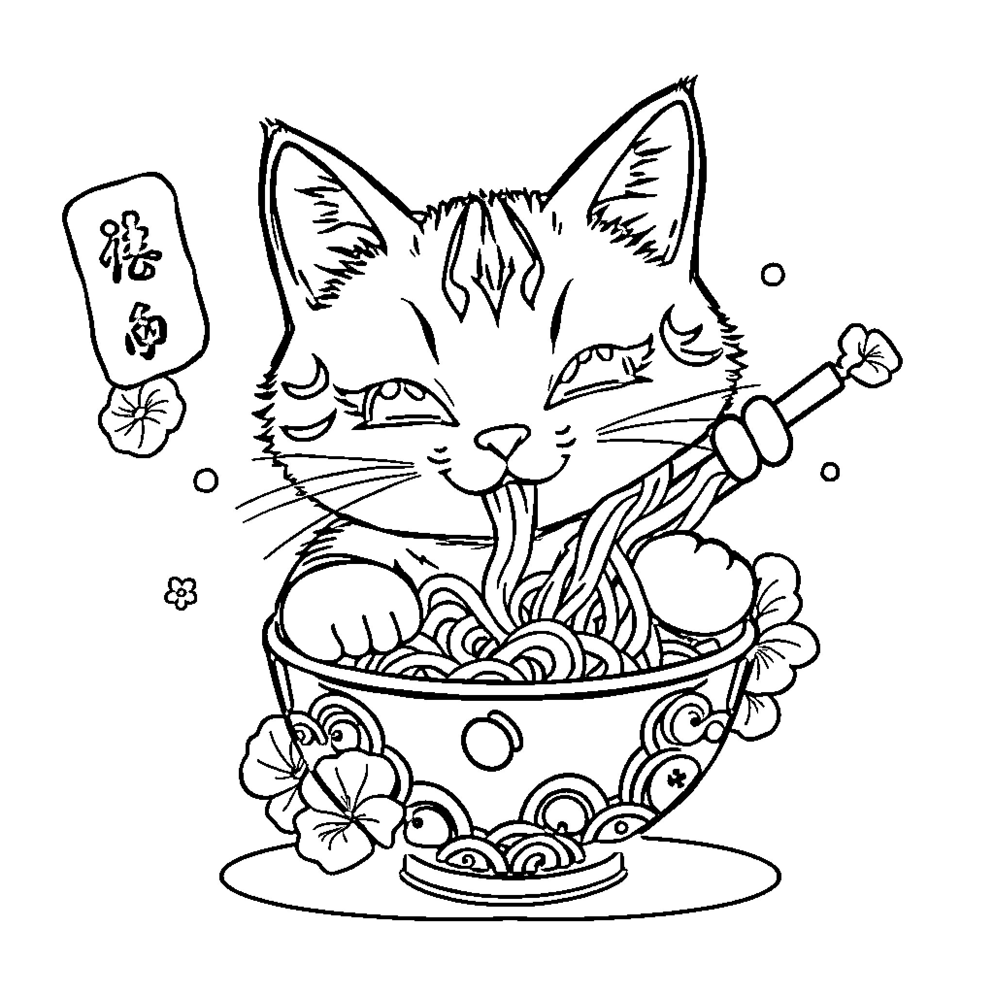 Cat enjoying noodles in a bowl Coloring Page (free black-and-white line drawing printable PDF for all, from beginners to advanced learners, including children, teens, adults, and seniors)