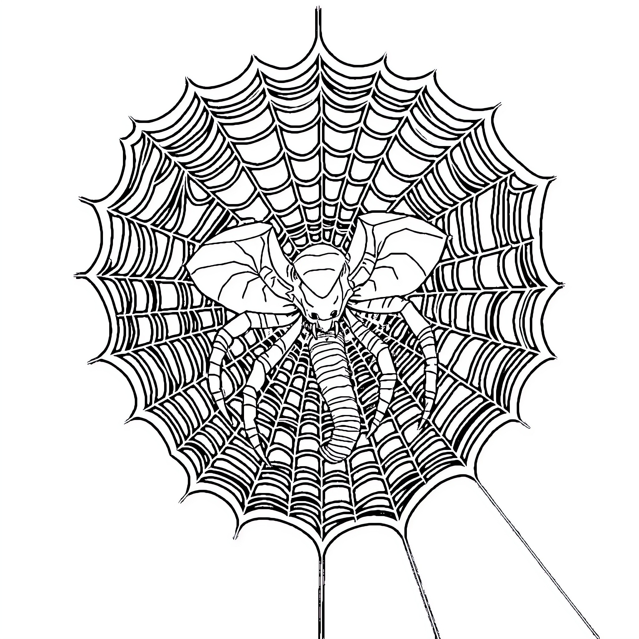 Elephant Spinning an Intricate Spider Web Coloring Page (free black-and-white line drawing printable PDF for all, from beginners to advanced learners, including children, teens, adults, and seniors)