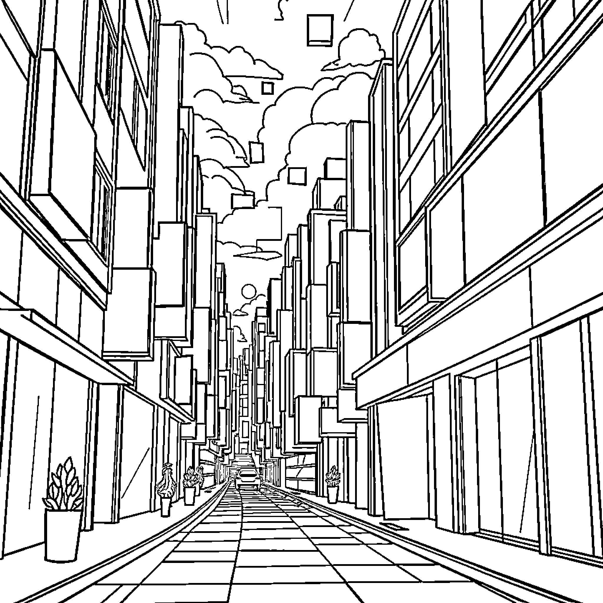 Geometric Shapes in an Architectural Cityscape Coloring Page (free black-and-white line drawing printable PDF for all, from beginners to advanced learners, including children, teens, adults, and seniors)