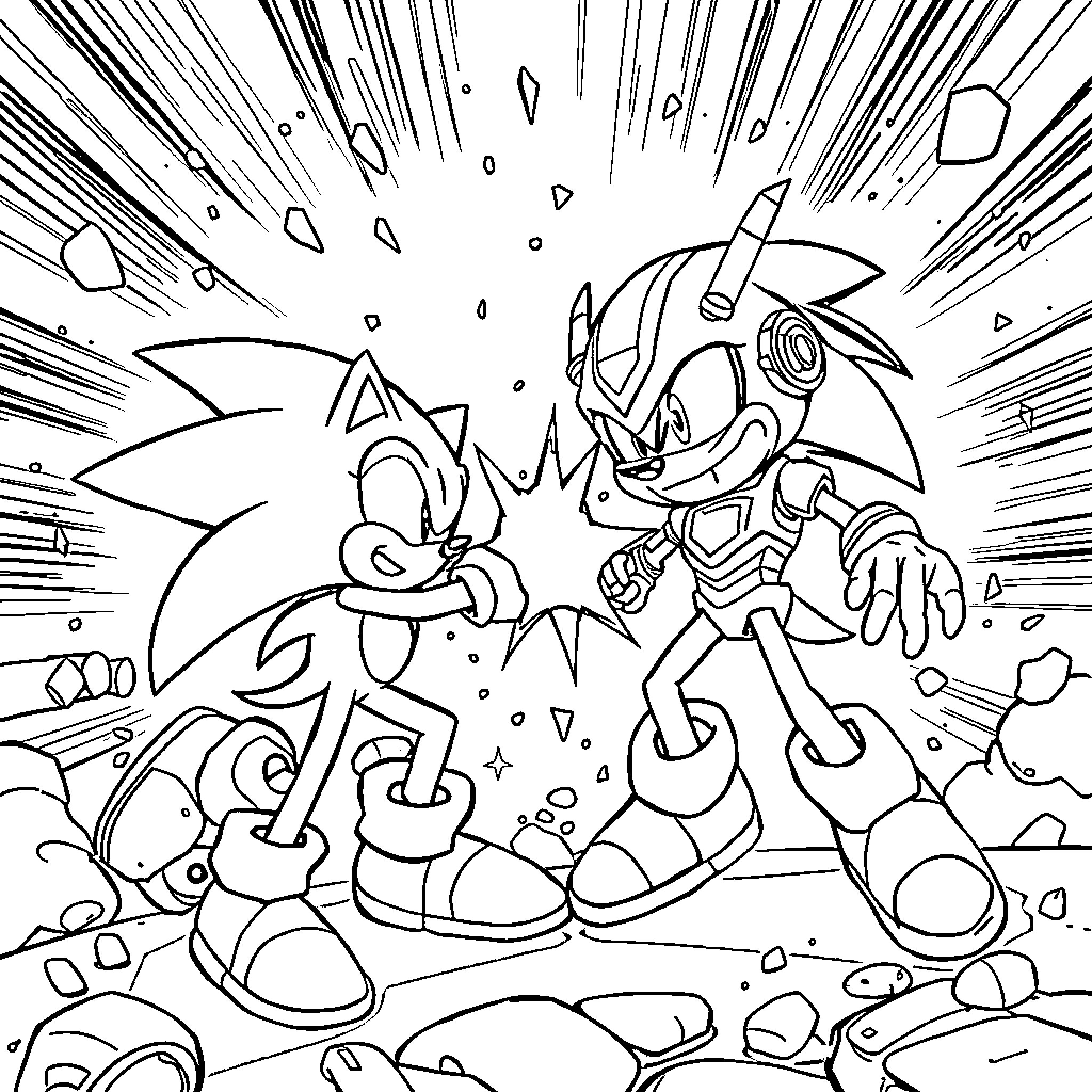 Sonic characters in an epic battle Coloring Page (free black-and-white line drawing printable PDF for all, from beginners to advanced learners, including children, teens, adults, and seniors)