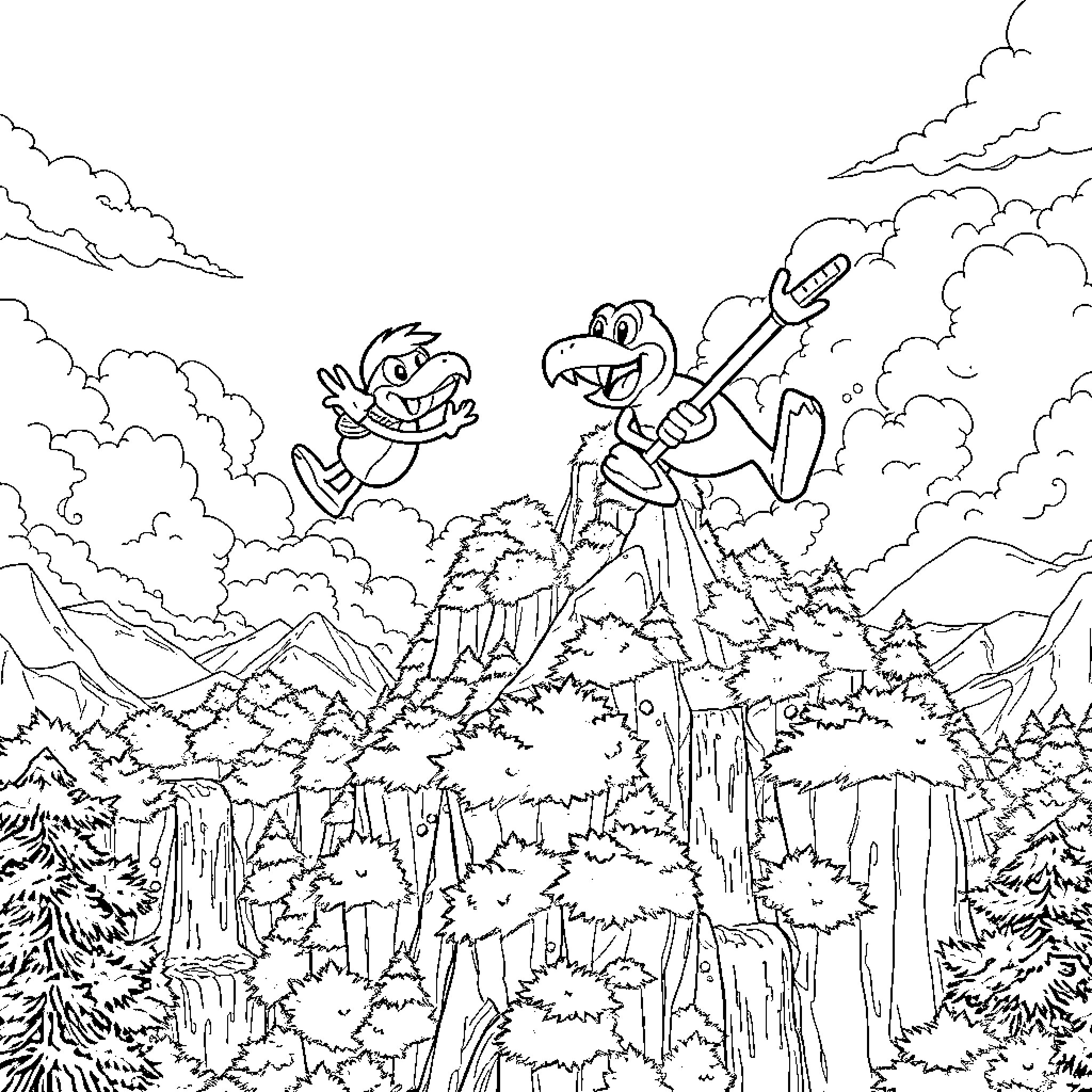 Banjo-Kazooie explore the adventurous wilderness Coloring Page (free black-and-white line drawing printable PDF for all, from beginners to advanced learners, including children, teens, adults, and seniors)