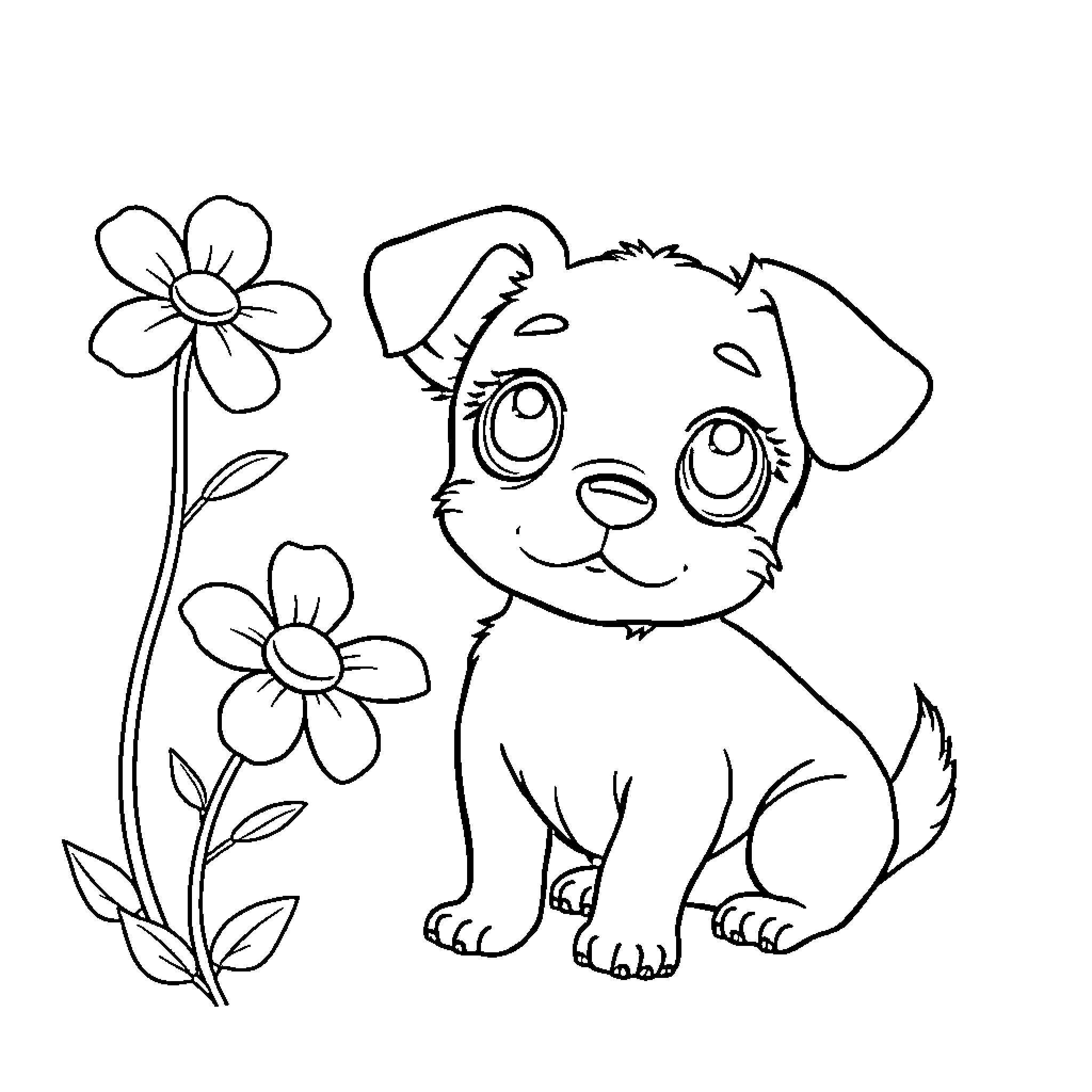 Dog sitting with flowers Coloring Page (free black-and-white line drawing printable PDF for all, from beginners to advanced learners, including children, teens, adults, and seniors)