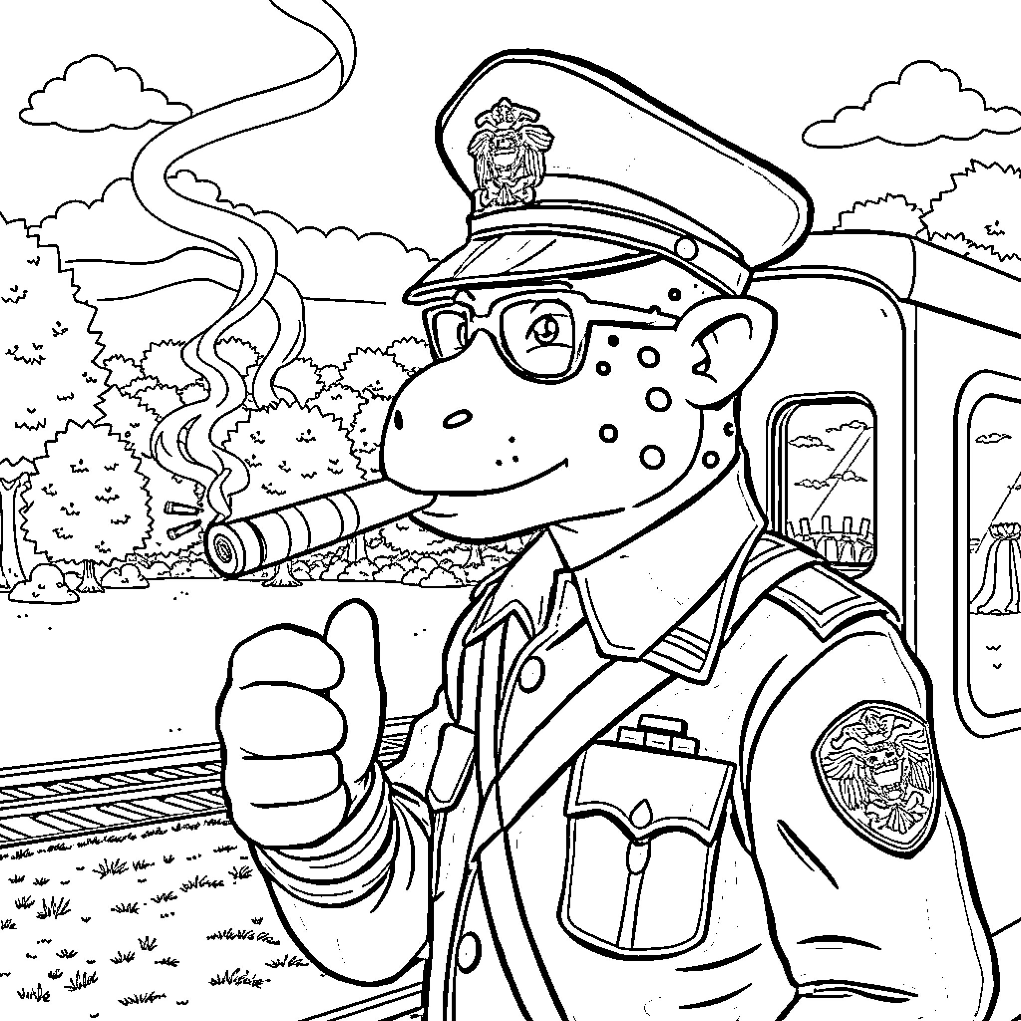 Chase the Courageous Police Officer in Action Coloring Page (free black-and-white line drawing printable PDF for all, from beginners to advanced learners, including children, teens, adults, and seniors)