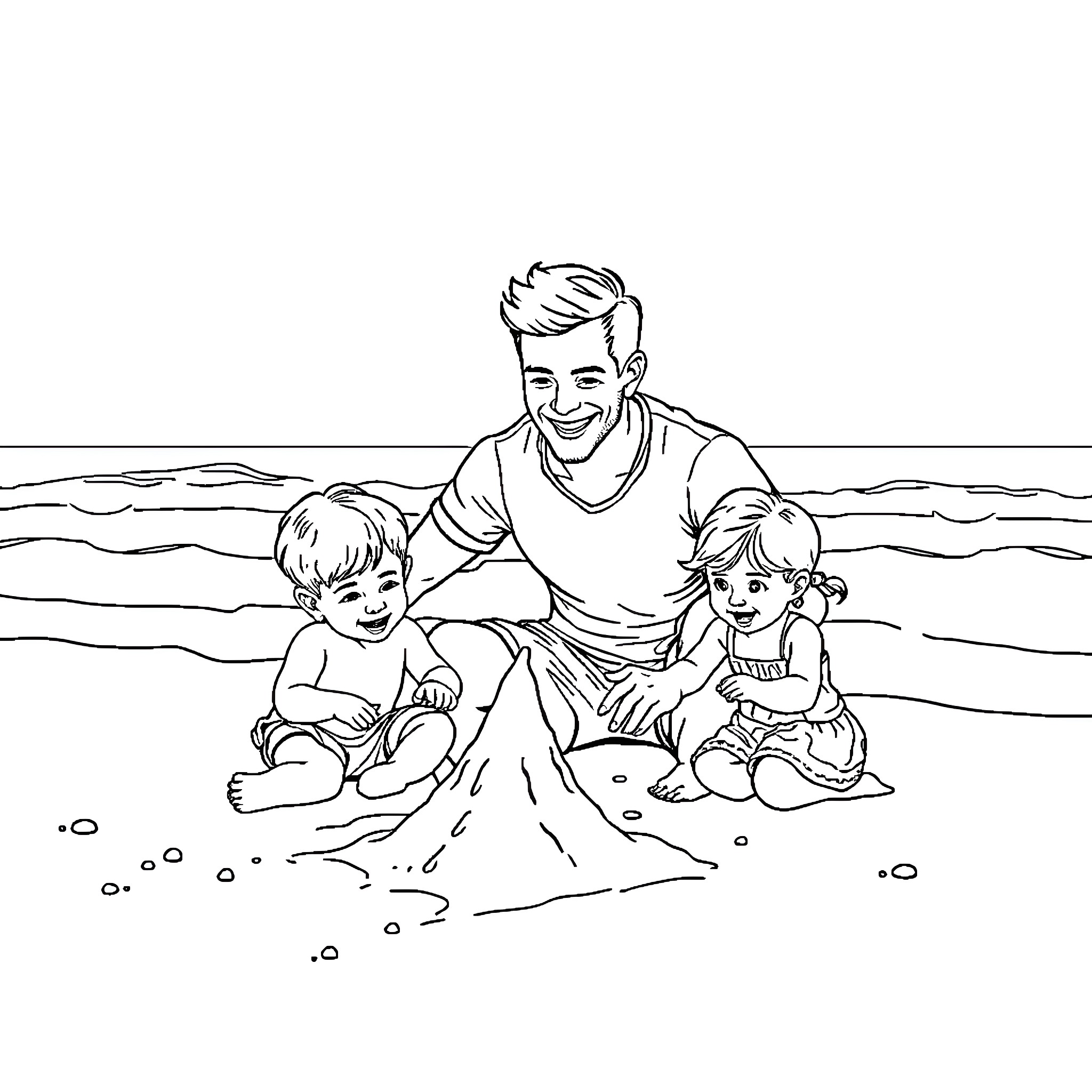 Father spending quality time with his children on the beach Coloring Page (free black-and-white line drawing printable PDF for all, from beginners to advanced learners, including children, teens, adults, and seniors)