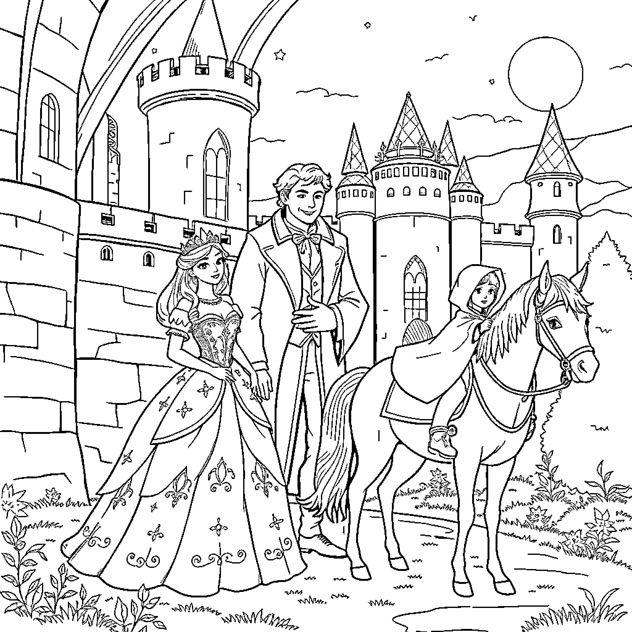 Princess and Prince exploring medieval castle grounds Coloring Page (free black-and-white line drawing printable PDF for all, from beginners to advanced learners, including children, teens, adults, and seniors)