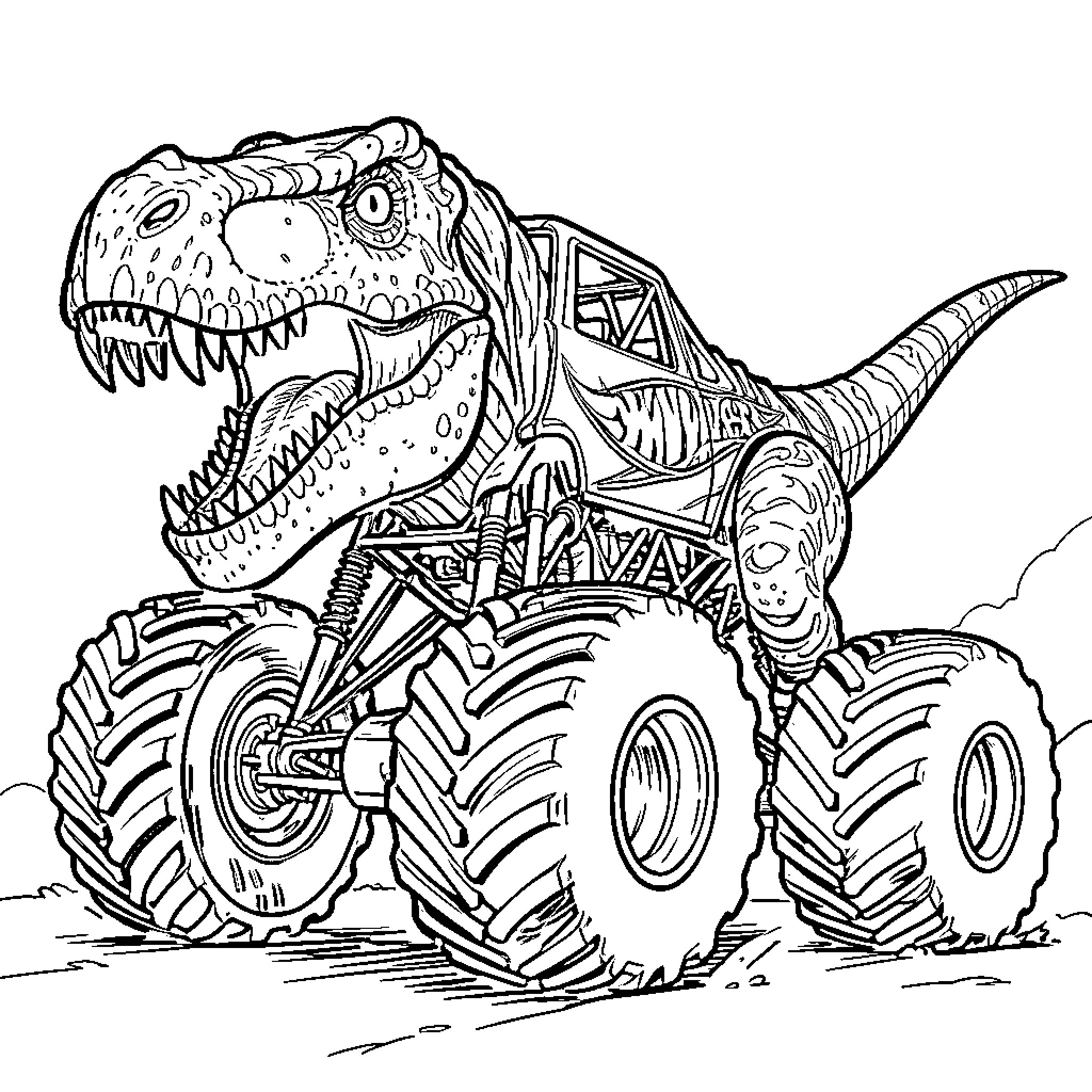 Dinosaur Truck roaring fiercely with large monster wheels Coloring Page (free black-and-white line drawing printable PDF for all, from beginners to advanced learners, including children, teens, adults, and seniors)