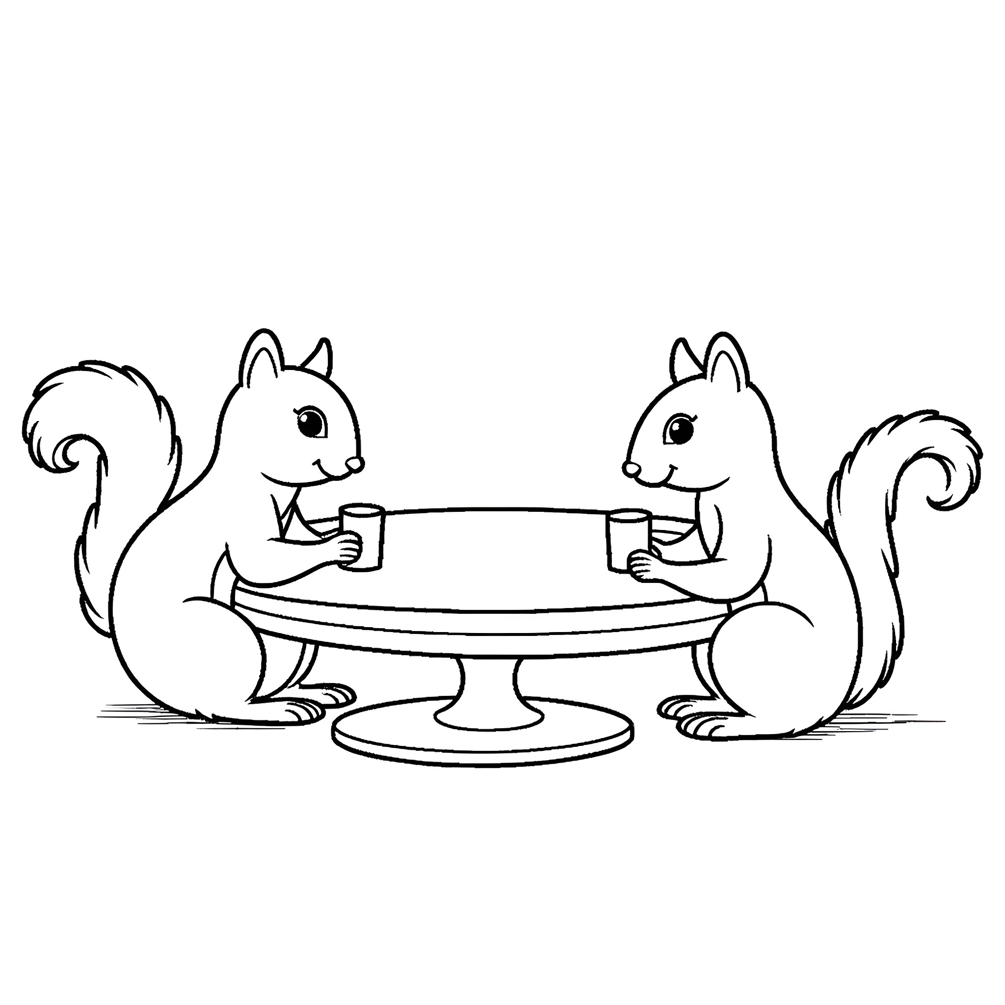 Squirrels enjoying a snack on a cake stand Coloring Page (free black-and-white line drawing printable PDF for all, from beginners to advanced learners, including children, teens, adults, and seniors)