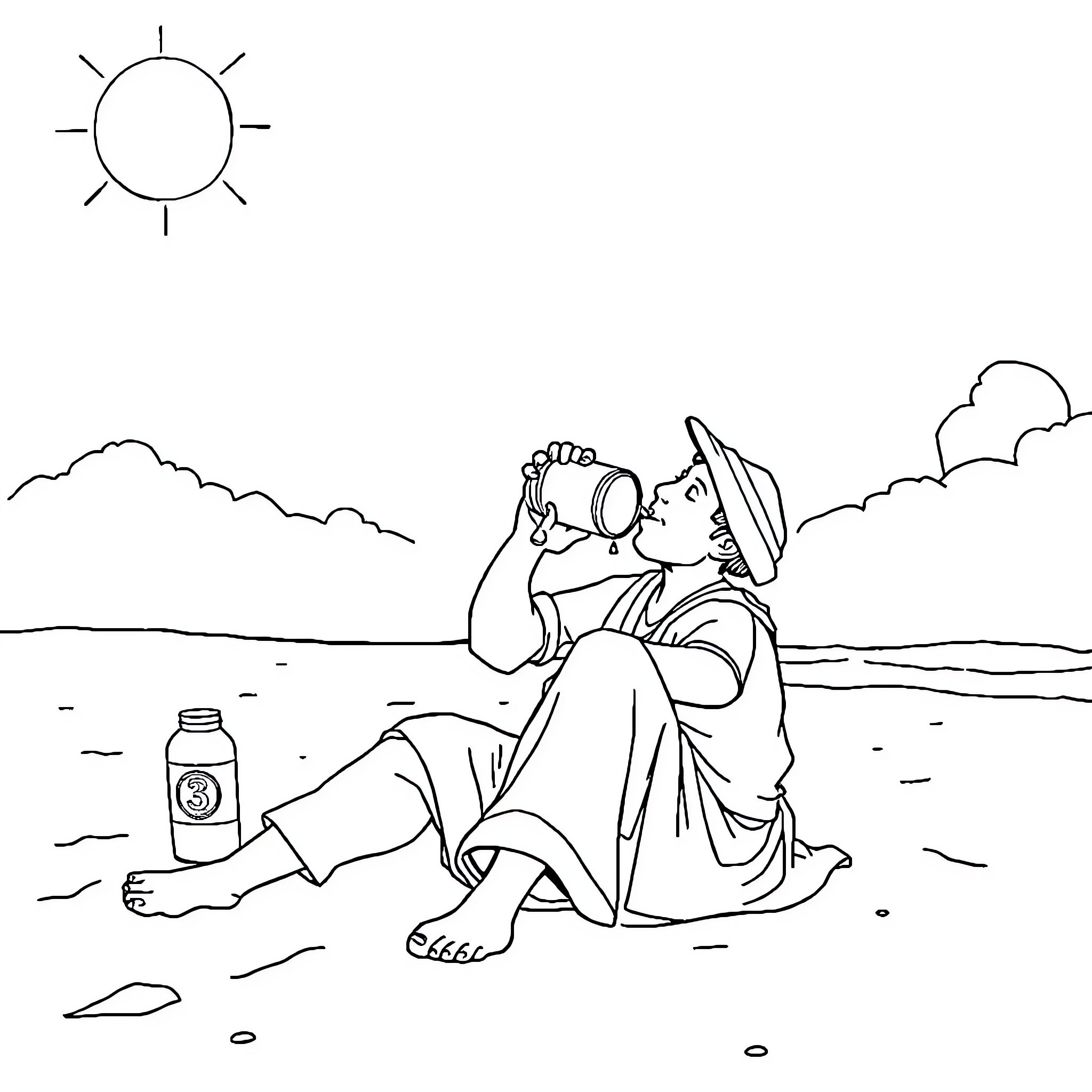 Peasant relaxing by the shore on a sunny day Coloring Page (free black-and-white line drawing printable PDF for all, from beginners to advanced learners, including children, teens, adults, and seniors)