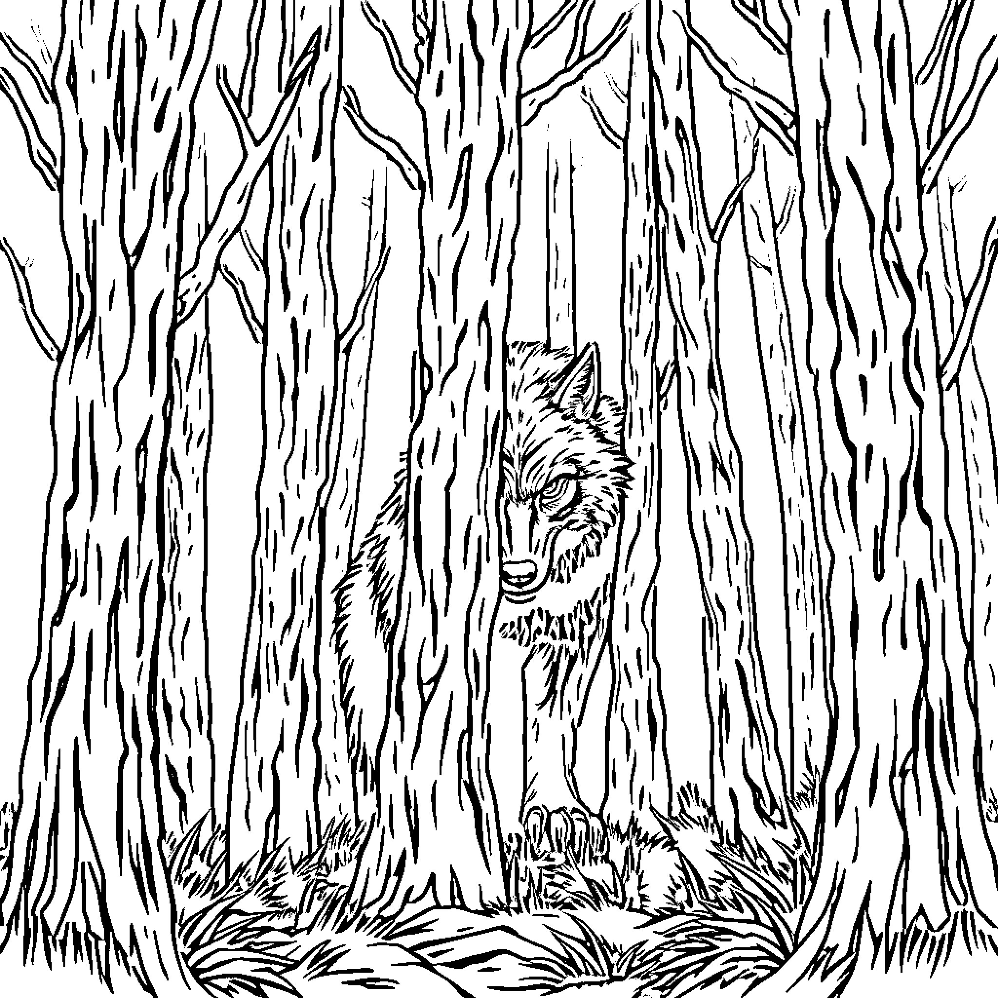 Werewolf lurking in the dark forest Coloring Page (free black-and-white line drawing printable PDF for all, from beginners to advanced learners, including children, teens, adults, and seniors)