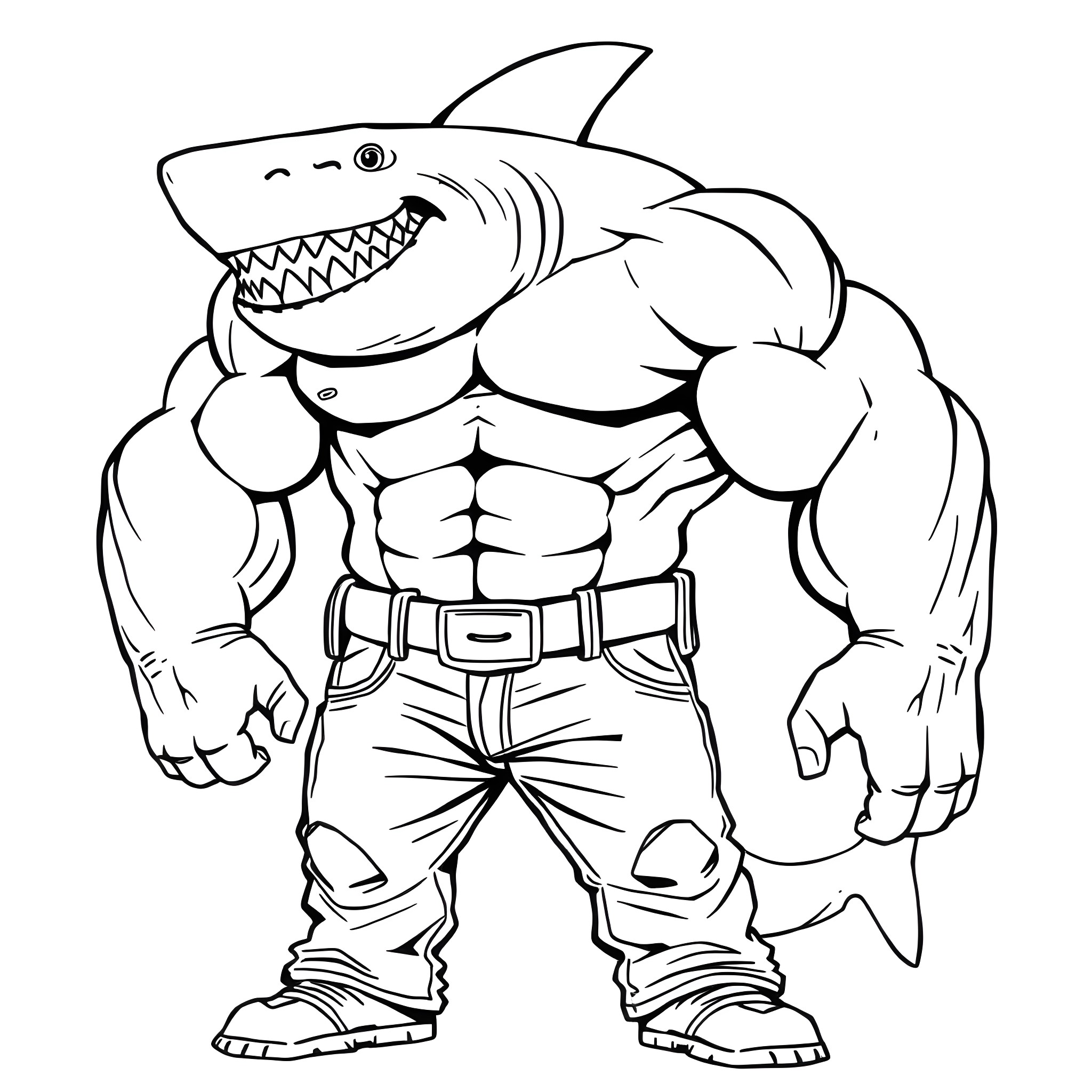 Shark warrior flexing muscles in fighting stance Coloring Page (free black-and-white line drawing printable PDF for all, from beginners to advanced learners, including children, teens, adults, and seniors)
