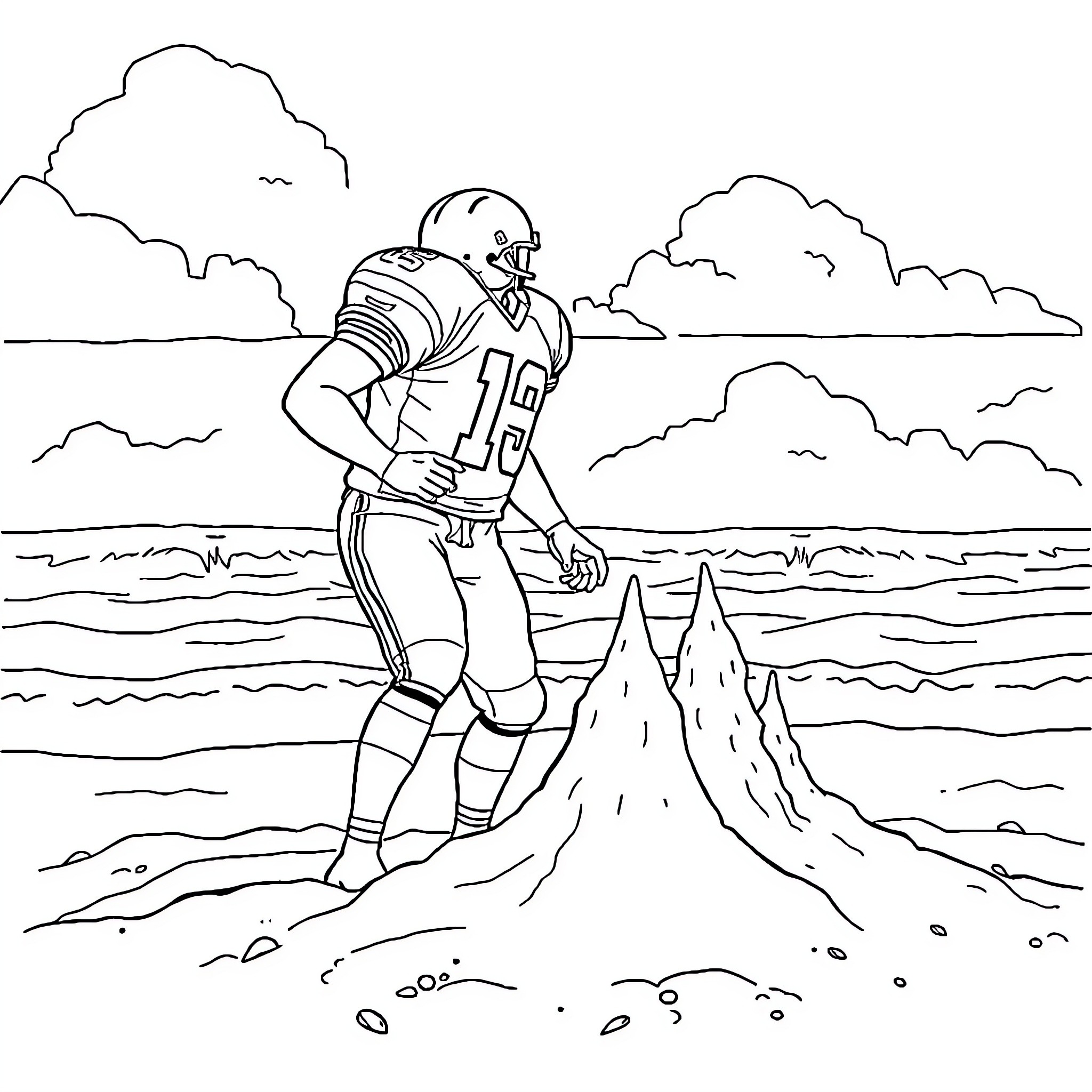 Football Player Running on the Field Coloring Page (free black-and-white line drawing printable PDF for all, from beginners to advanced learners, including children, teens, adults, and seniors)