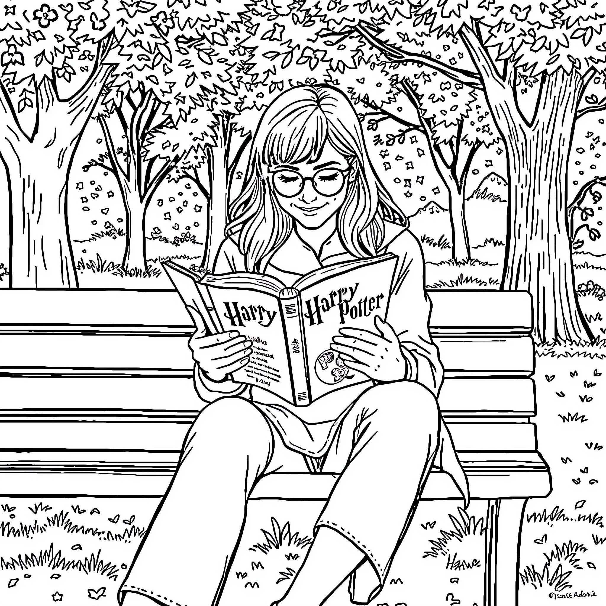 Woman enjoying a book in the park Coloring Page (free black-and-white line drawing printable PDF for all, from beginners to advanced learners, including children, teens, adults, and seniors)