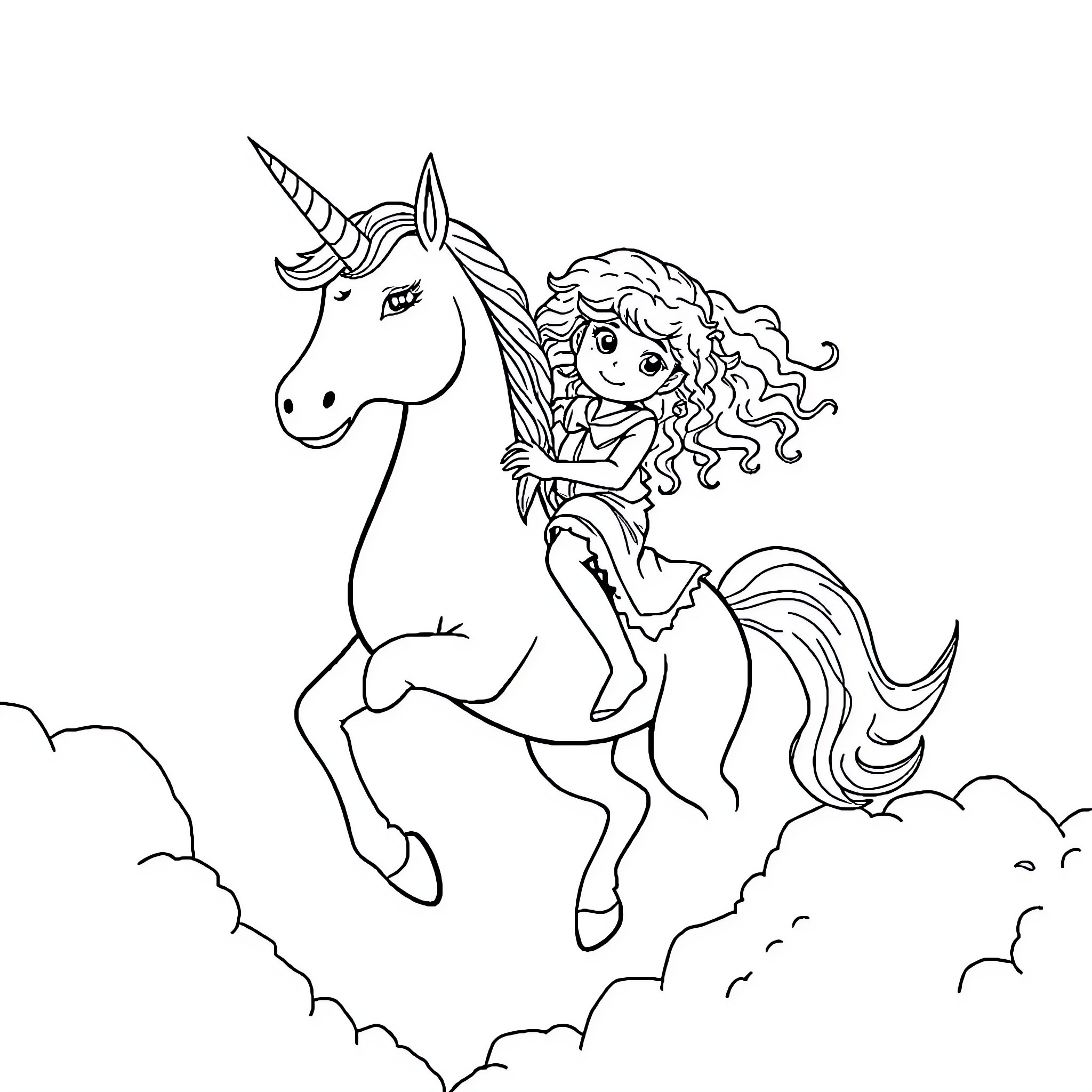 Unicorn fantasy adventure with girl in the clouds Coloring Page (free black-and-white line drawing printable PDF for all, from beginners to advanced learners, including children, teens, adults, and seniors)