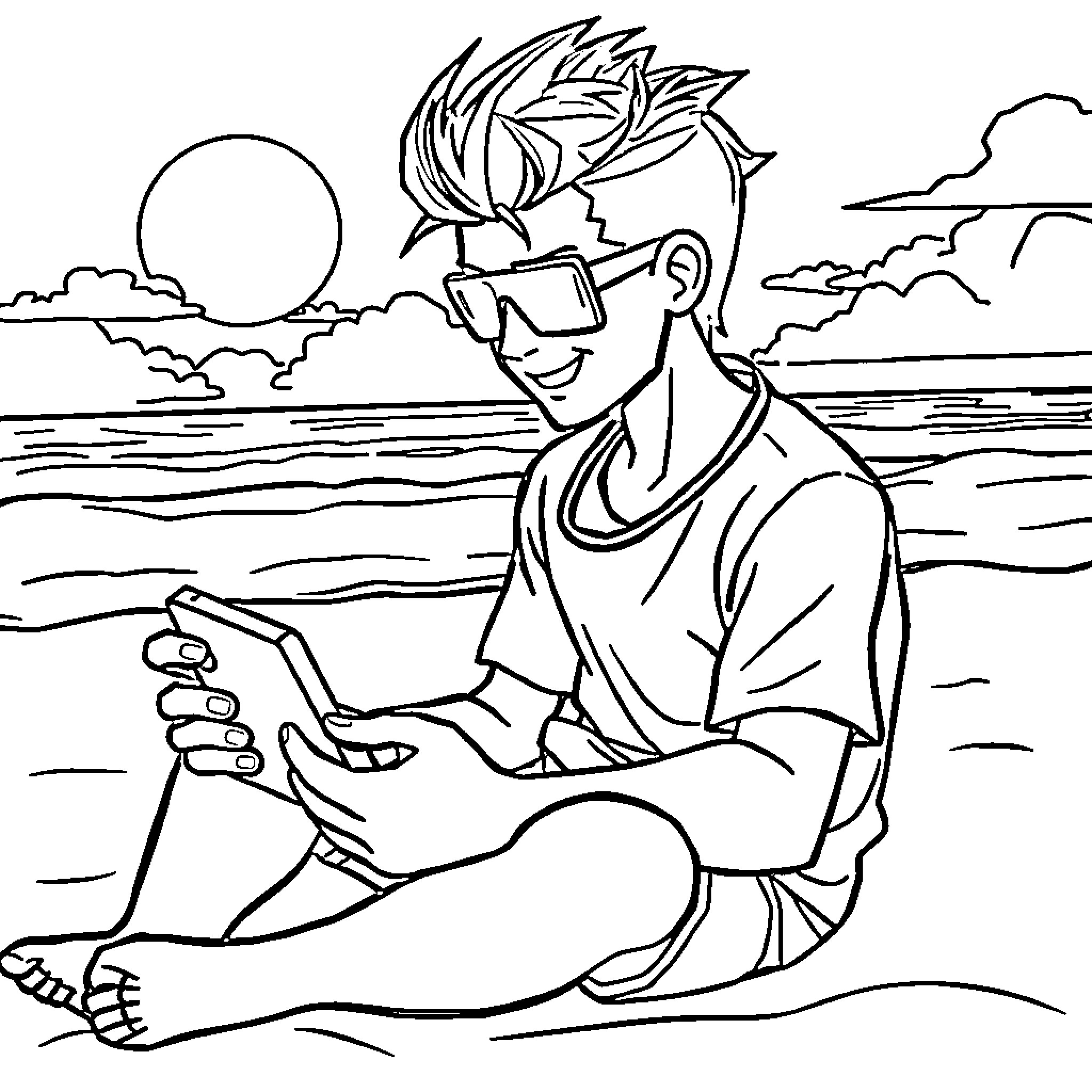 Tron user relaxing on the beach with digital device Coloring Page (free black-and-white line drawing printable PDF for all, from beginners to advanced learners, including children, teens, adults, and seniors)