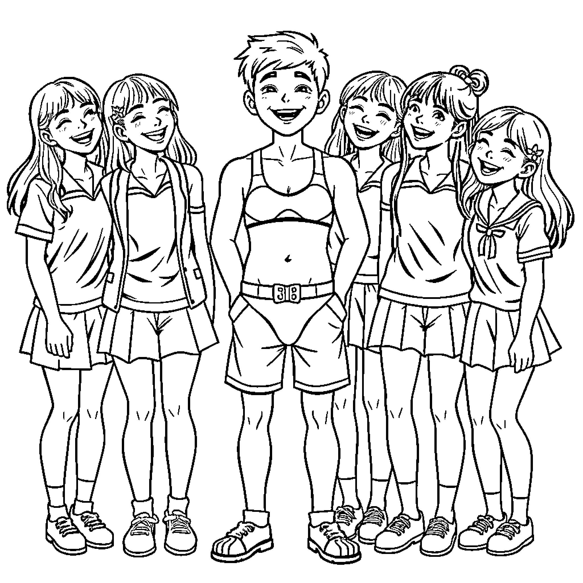 Boy with group of cheerful girls in casual outfits Coloring Page (free black-and-white line drawing printable PDF for all, from beginners to advanced learners, including children, teens, adults, and seniors)