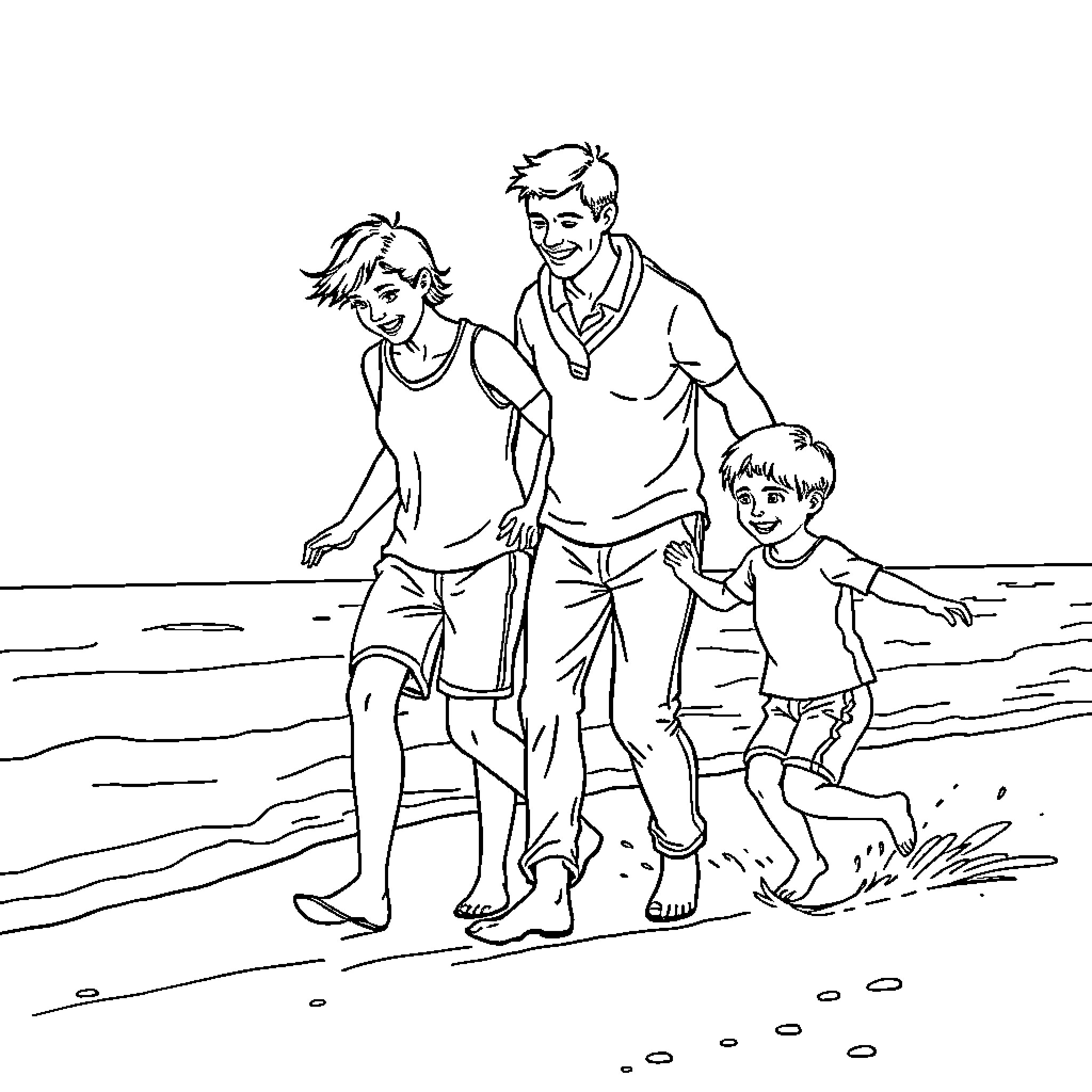 Family enjoying a beach day together Coloring Page (free black-and-white line drawing printable PDF for all, from beginners to advanced learners, including children, teens, adults, and seniors)