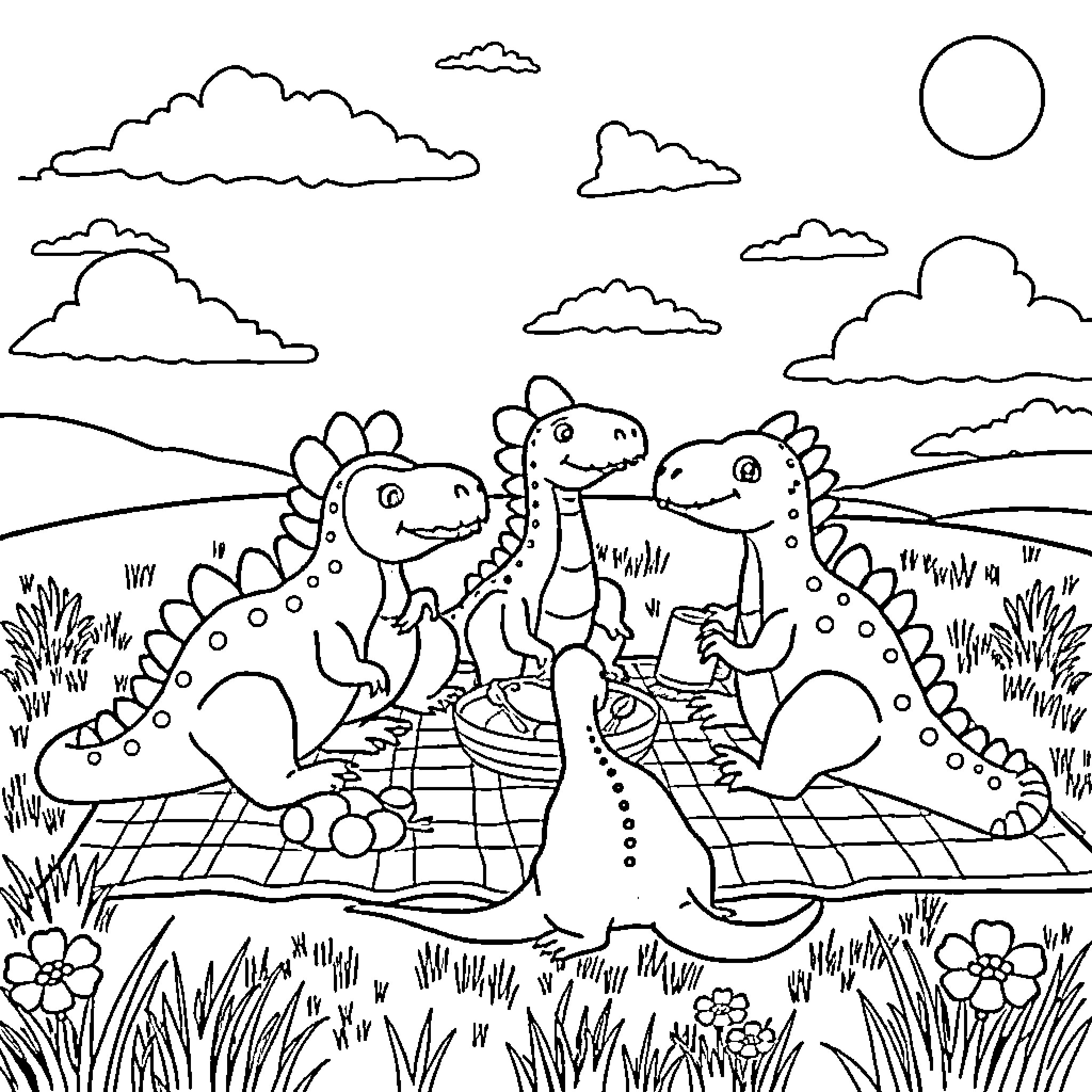 Dinosaurs Frolicking in Scenic Landscape Coloring Page (free black-and-white line drawing printable PDF for all, from beginners to advanced learners, including children, teens, adults, and seniors)