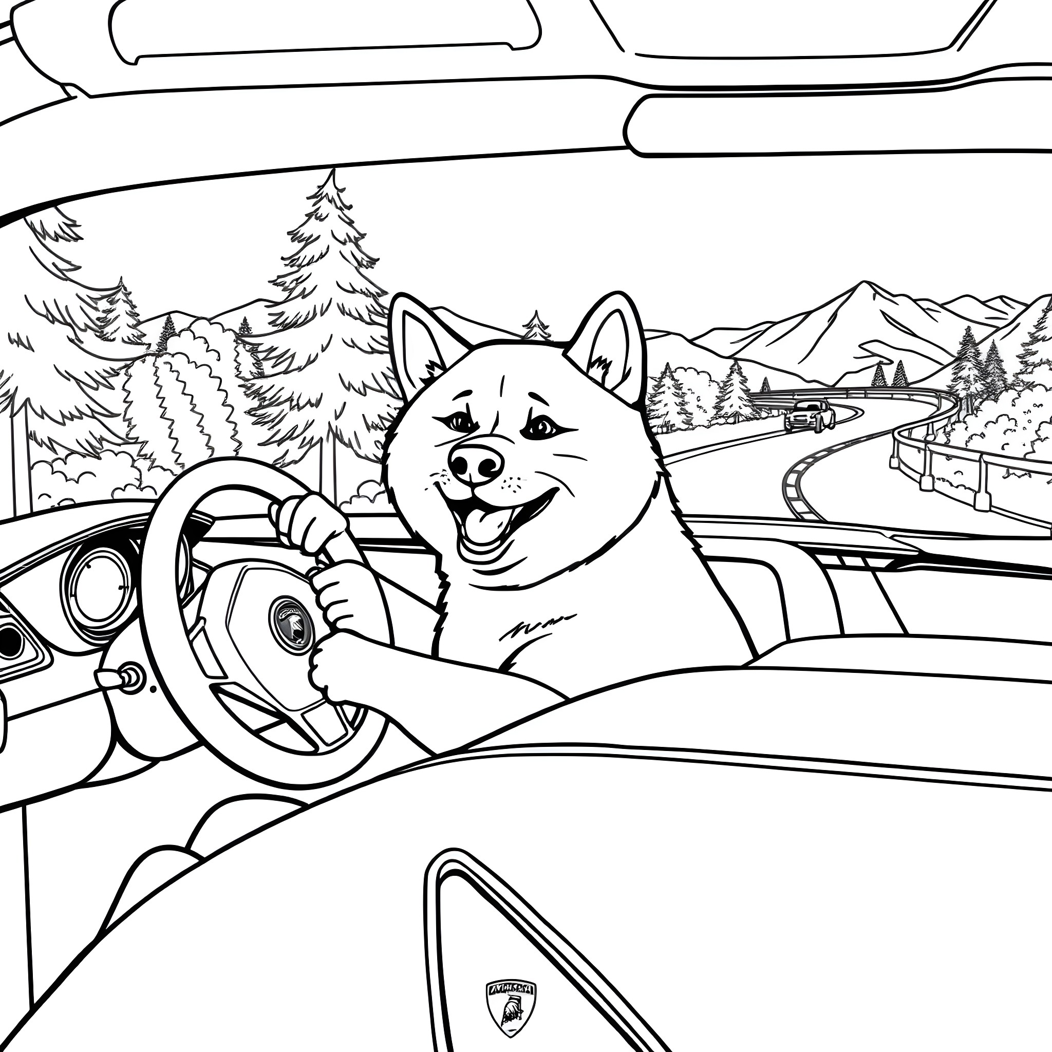 Shiba Inu driving a car through the countryside Coloring Page (free black-and-white line drawing printable PDF for all, from beginners to advanced learners, including children, teens, adults, and seniors)