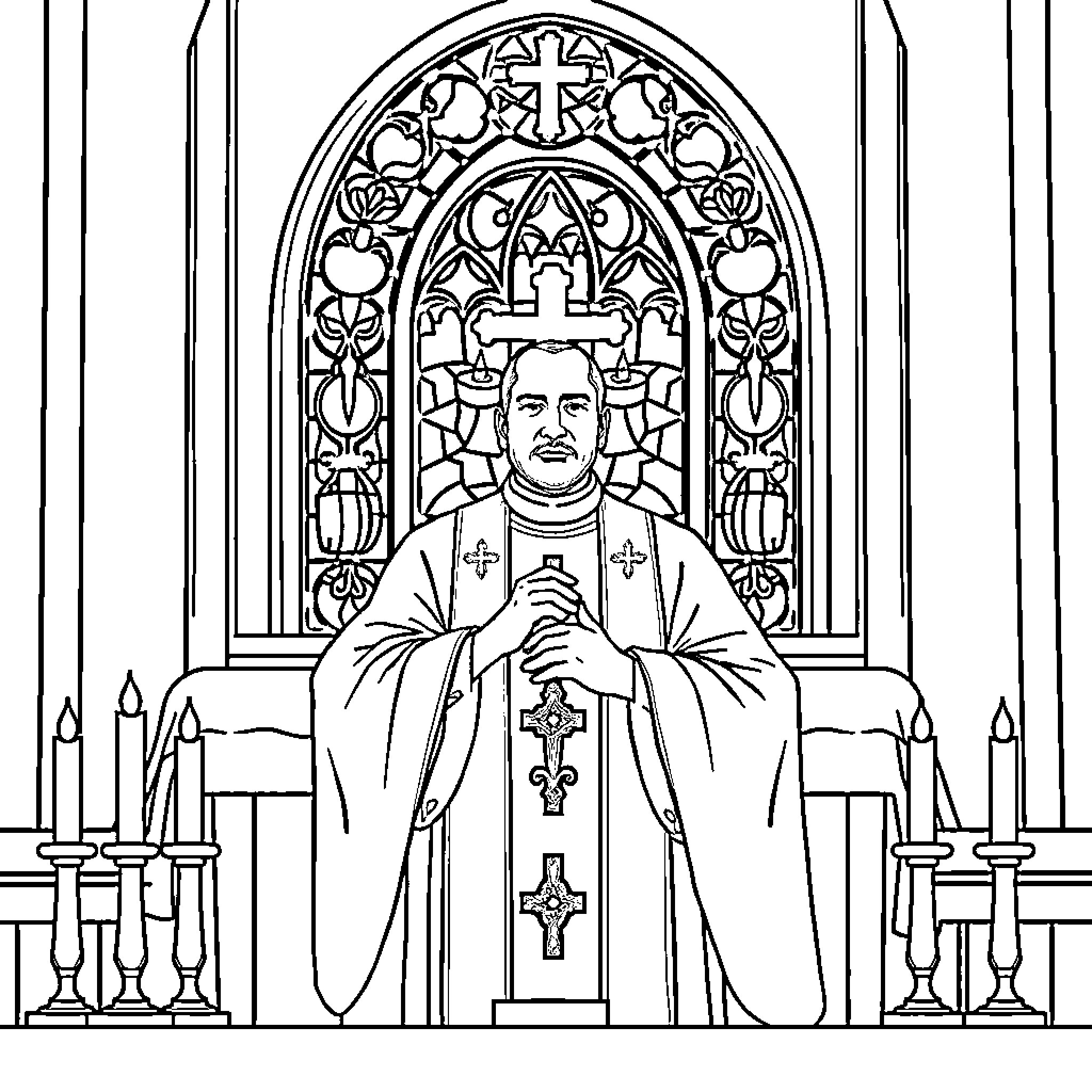 Priest conducting religious service at ornate church altar Coloring Page (free black-and-white line drawing printable PDF for all, from beginners to advanced learners, including children, teens, adults, and seniors)
