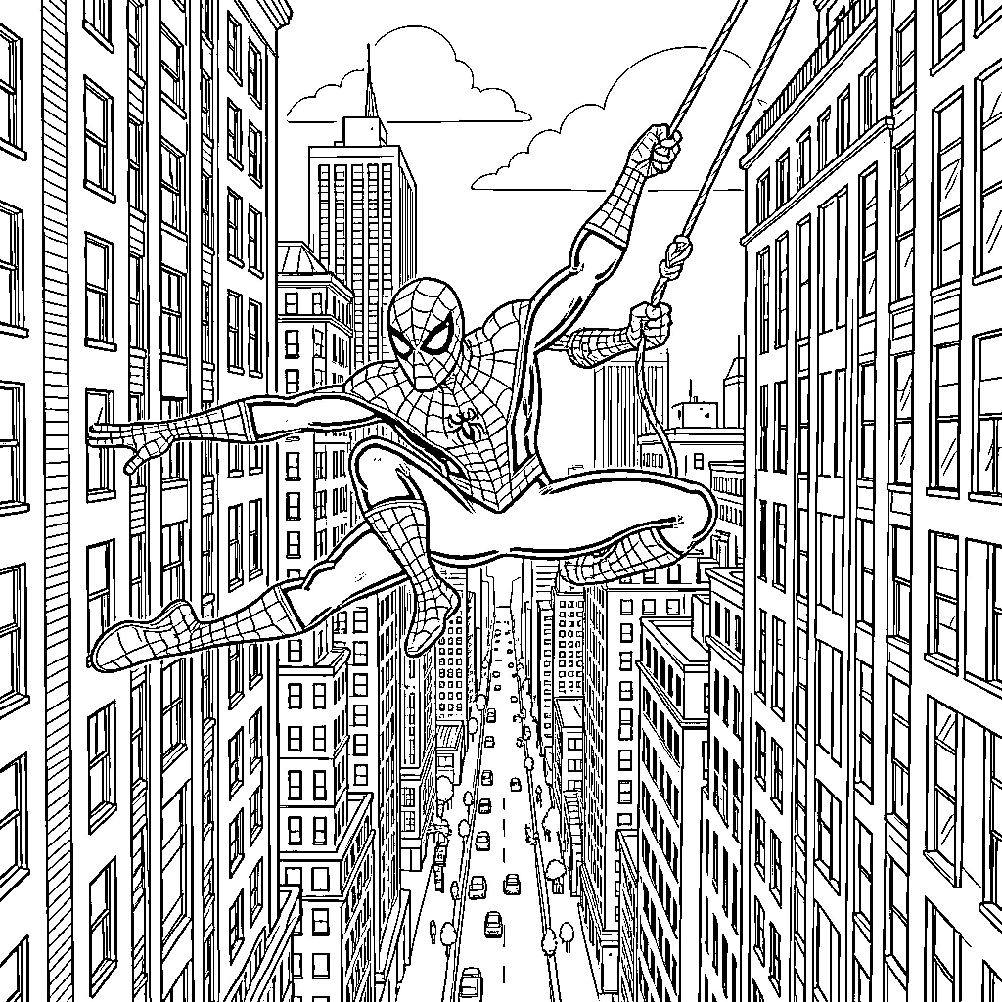 Spiderman swinging through a busy city street Coloring Page (free black-and-white line drawing printable PDF for all, from beginners to advanced learners, including children, teens, adults, and seniors)