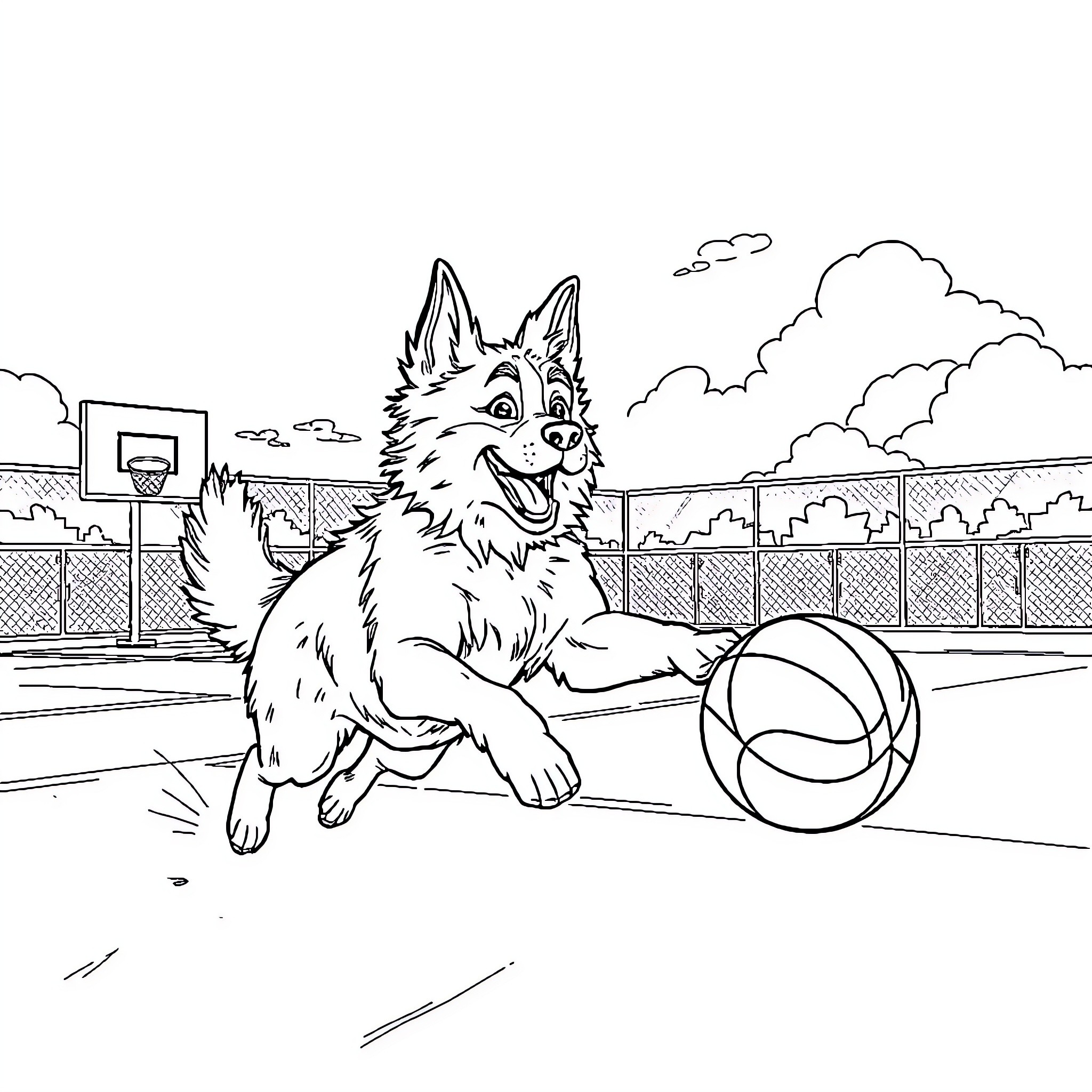 Dog playing with ball on basketball court Coloring Page (free black-and-white line drawing printable PDF for all, from beginners to advanced learners, including children, teens, adults, and seniors)
