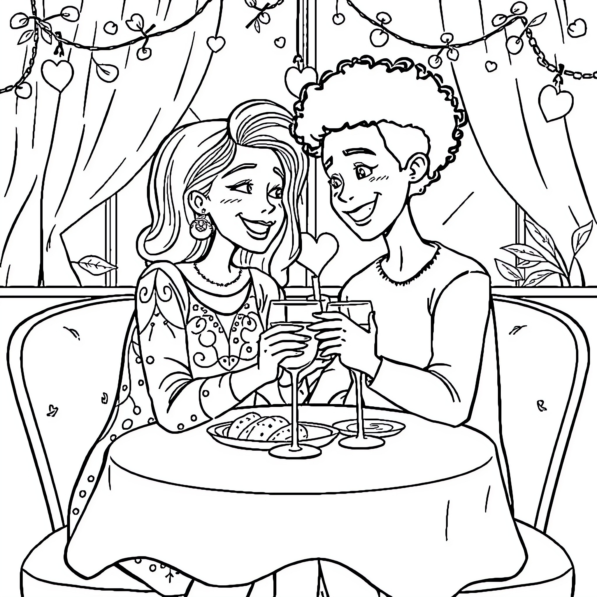 Couple enjoying a romantic date night Coloring Page (free black-and-white line drawing printable PDF for all, from beginners to advanced learners, including children, teens, adults, and seniors)