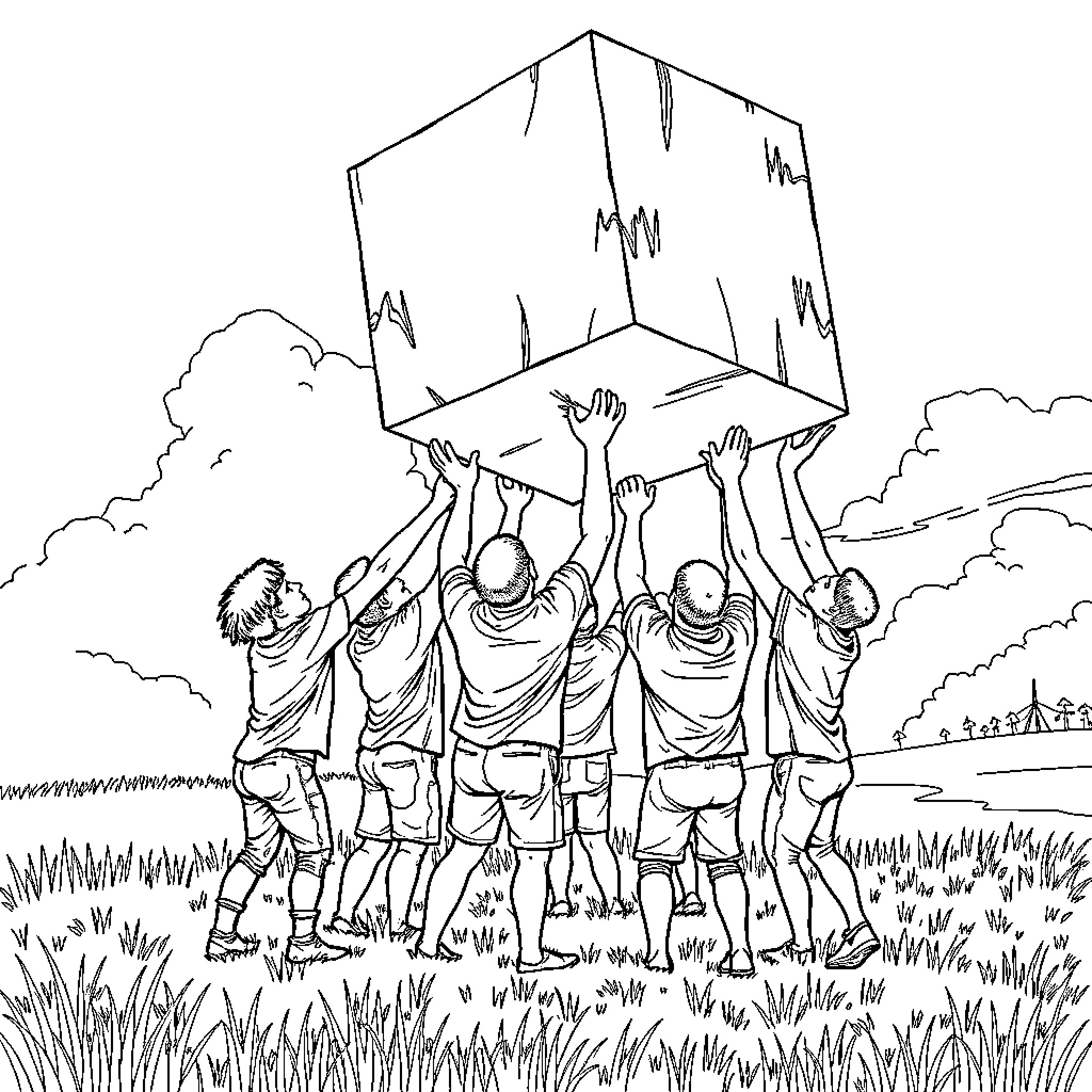 Cube of Hands Reaching Towards the Sky Coloring Page (free black-and-white line drawing printable PDF for all, from beginners to advanced learners, including children, teens, adults, and seniors)