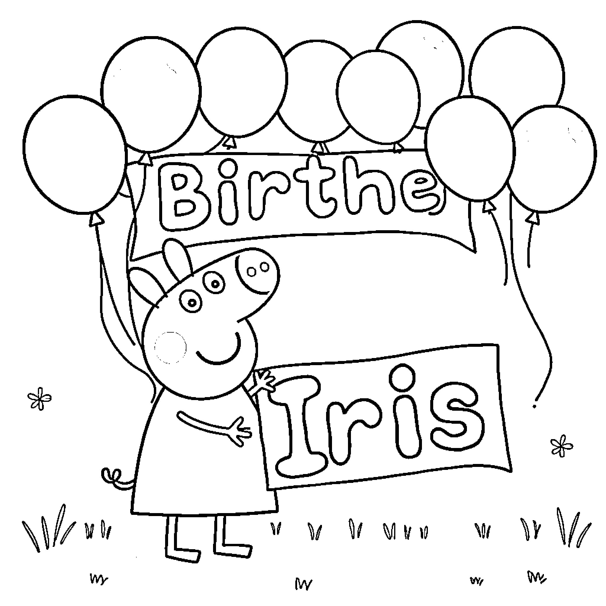 Peppa Pig celebrating with balloons and a birthday sign Coloring Page (free black-and-white line drawing printable PDF for all, from beginners to advanced learners, including children, teens, adults, and seniors)