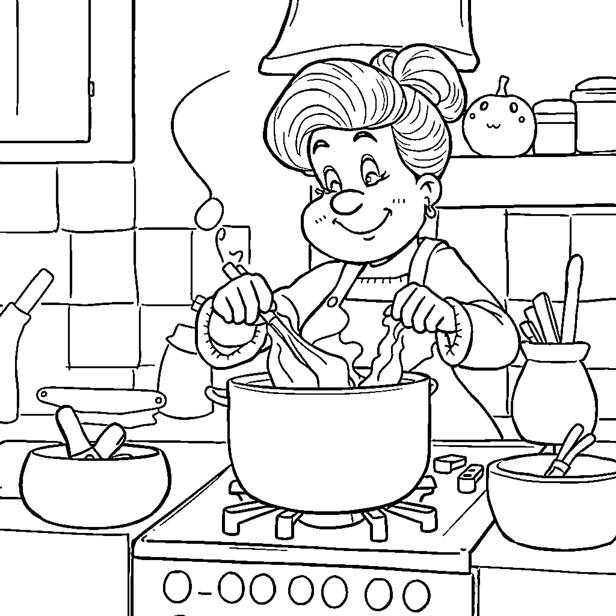 Grampsie's Cooking Adventure in the Kitchen Coloring Page (free black-and-white line drawing printable PDF for all, from beginners to advanced learners, including children, teens, adults, and seniors)