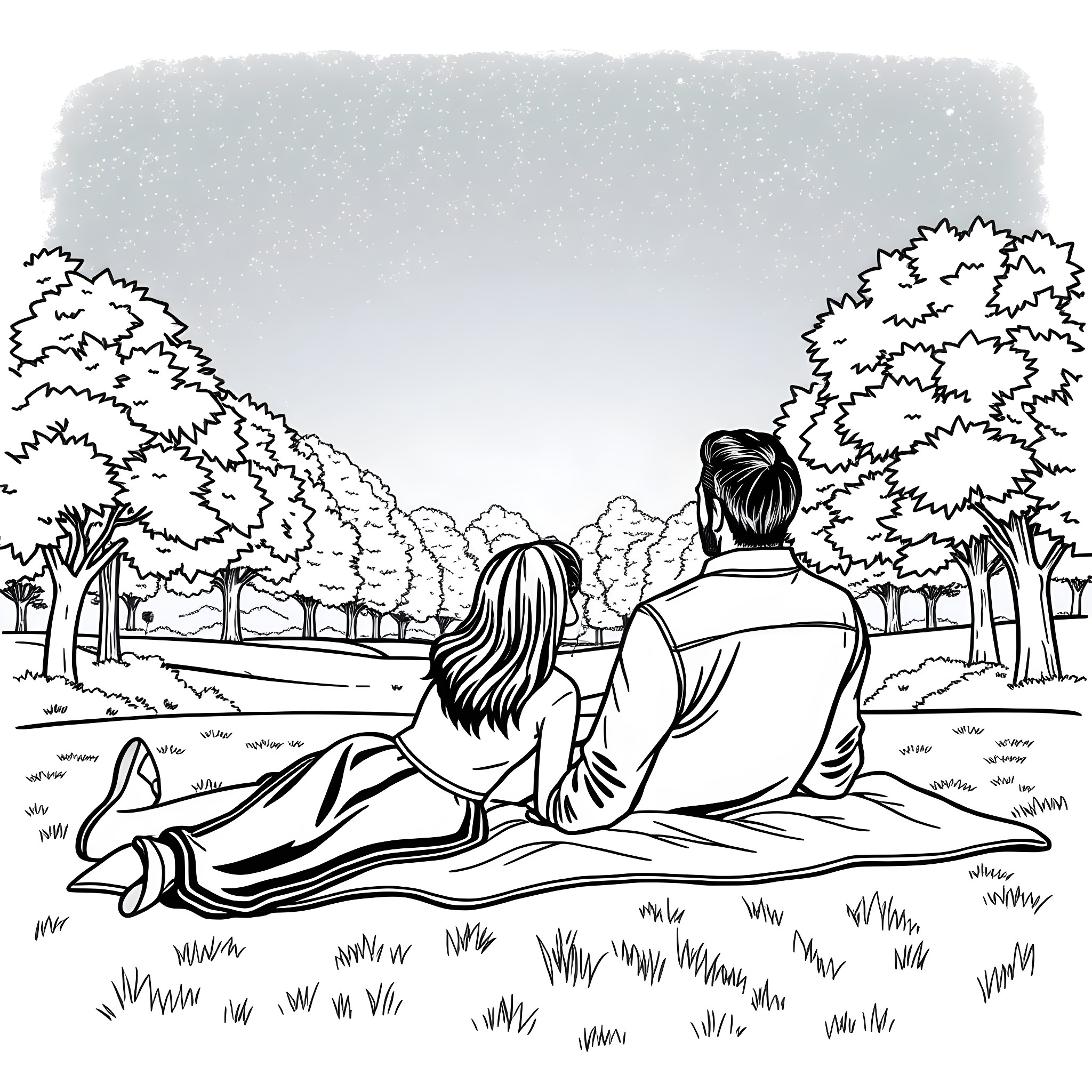 Couple enjoying a peaceful moment in nature Coloring Page (free black-and-white line drawing printable PDF for all, from beginners to advanced learners, including children, teens, adults, and seniors)