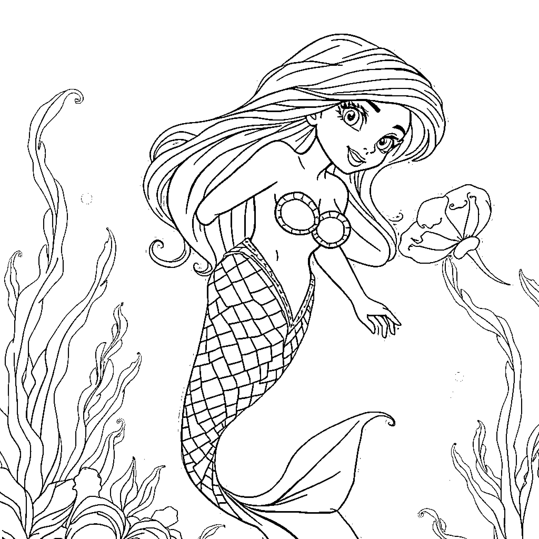 Mermaid swimming gracefully in the underwater realm Coloring Page (free black-and-white line drawing printable PDF for all, from beginners to advanced learners, including children, teens, adults, and seniors)