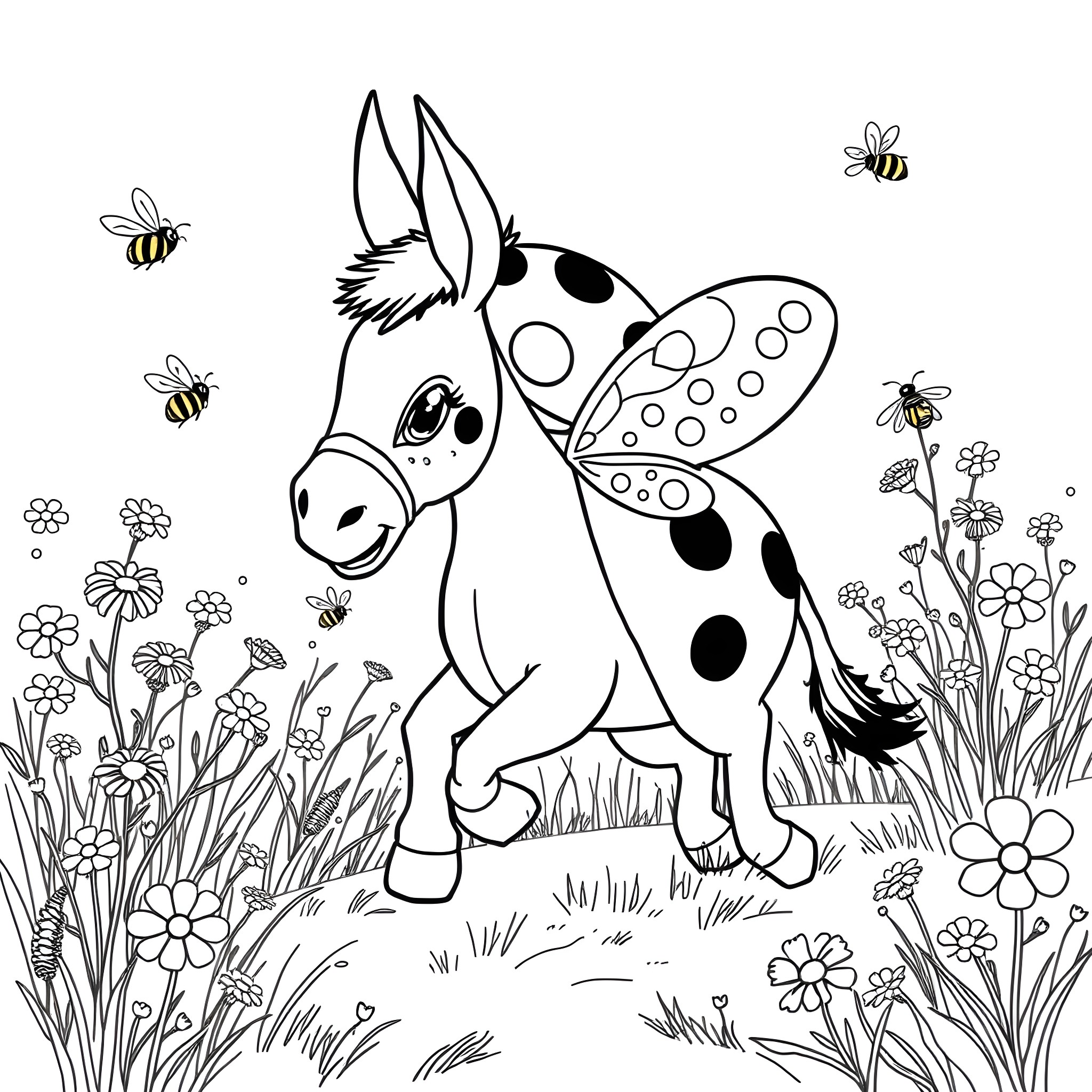 Ladybug Donkey Playing in a Flowery Meadow Coloring Page (free black-and-white line drawing printable PDF for all, from beginners to advanced learners, including children, teens, adults, and seniors)