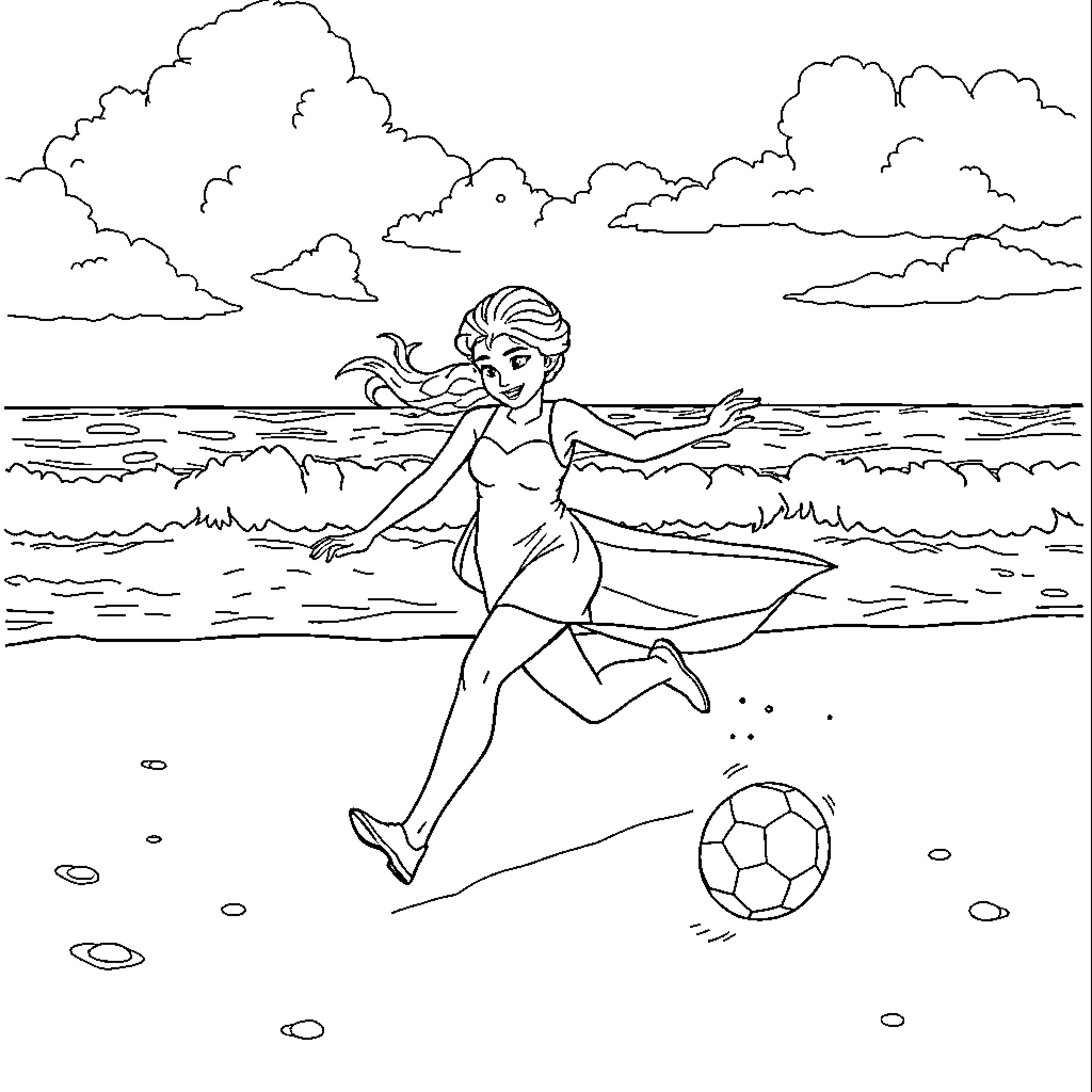 Elsa playing soccer on the beach Coloring Page (free black-and-white line drawing printable PDF for all, from beginners to advanced learners, including children, teens, adults, and seniors)
