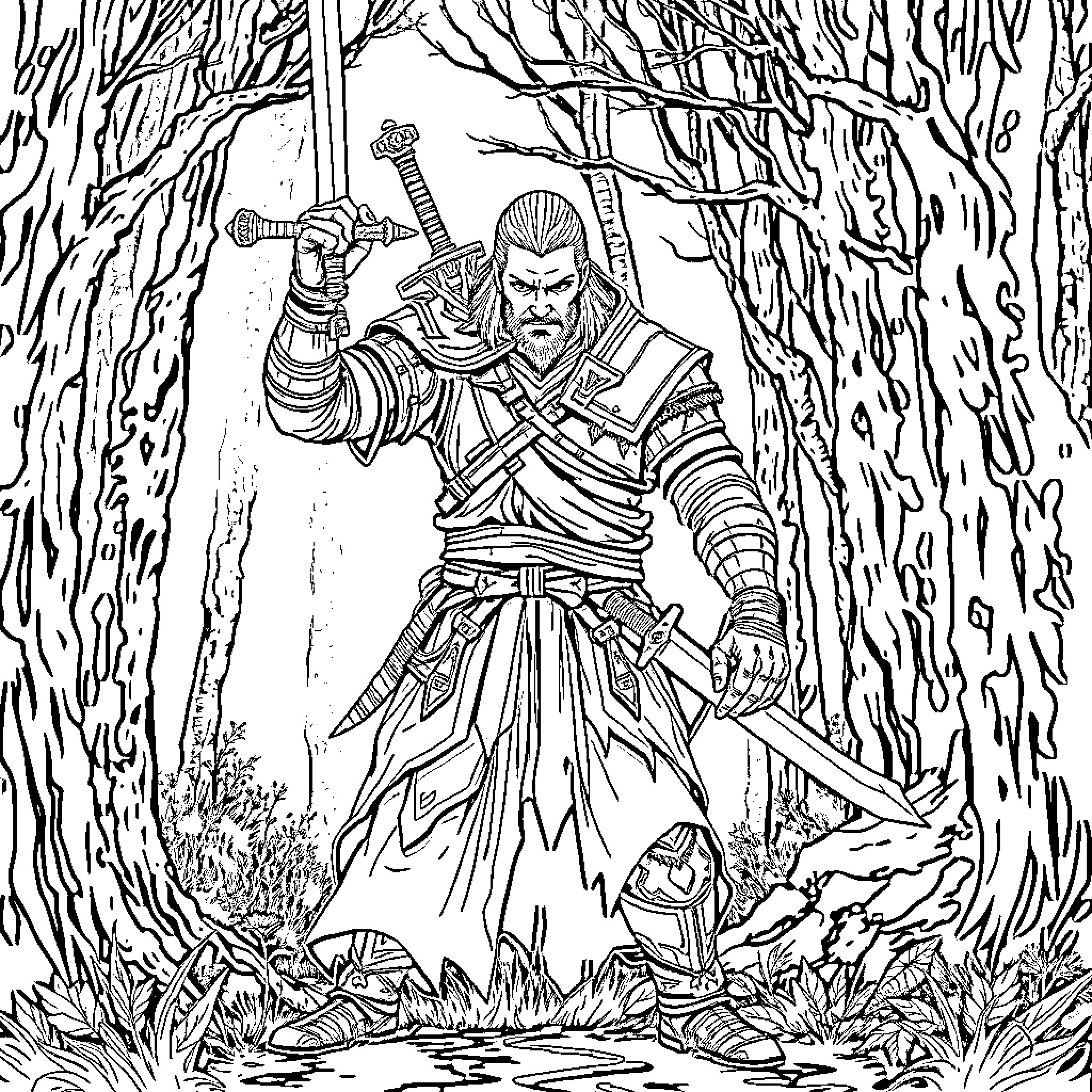 Witcher Warrior Battles in Enchanted Forest Coloring Page (free black-and-white line drawing printable PDF for all, from beginners to advanced learners, including children, teens, adults, and seniors)