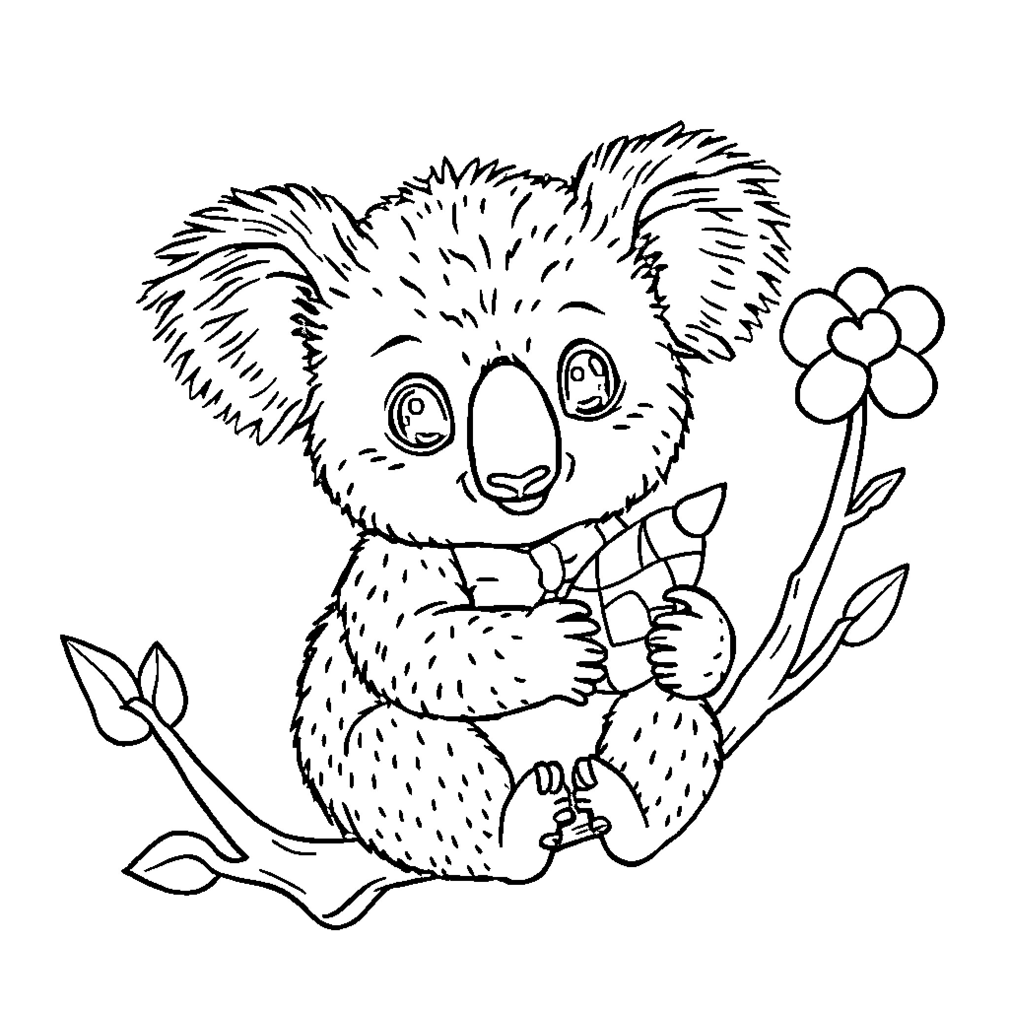 Koala holding a flower with a happy expression Coloring Page (free black-and-white line drawing printable PDF for all, from beginners to advanced learners, including children, teens, adults, and seniors)