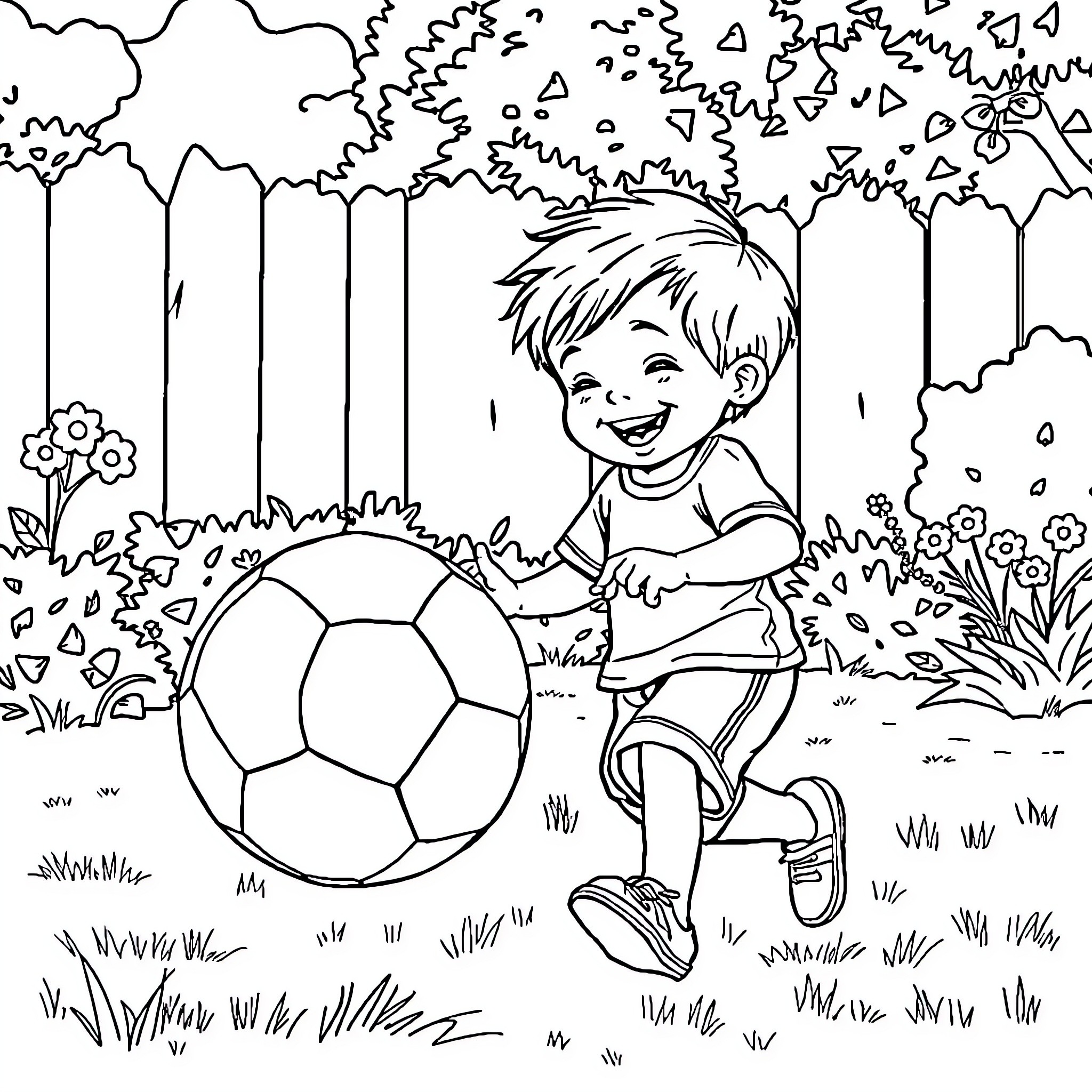 Child playing happily with soccer ball in nature Coloring Page (free black-and-white line drawing printable PDF for all, from beginners to advanced learners, including children, teens, adults, and seniors)