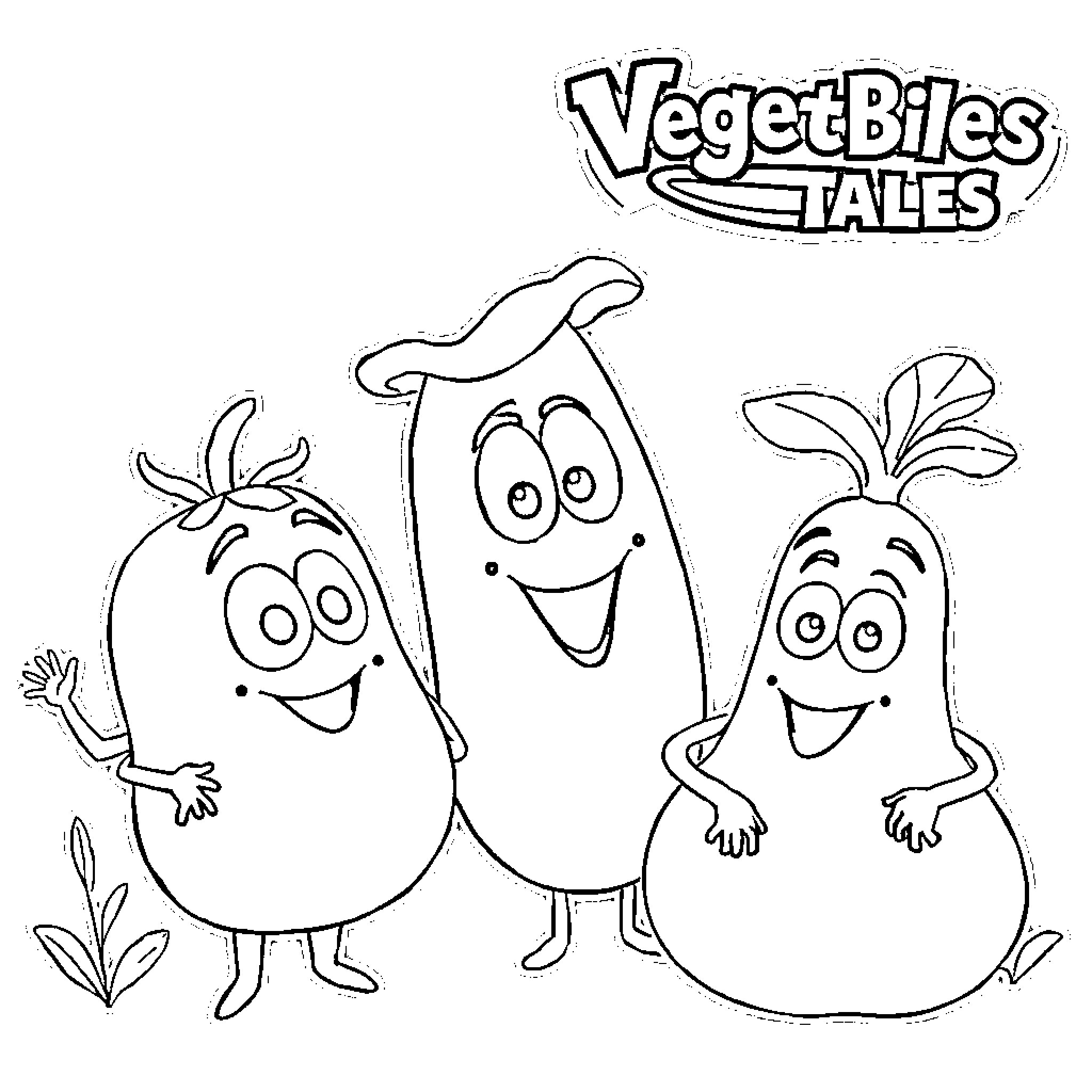 Veggie Tales characters in playful poses Coloring Page (free black-and-white line drawing printable PDF for all, from beginners to advanced learners, including children, teens, adults, and seniors)