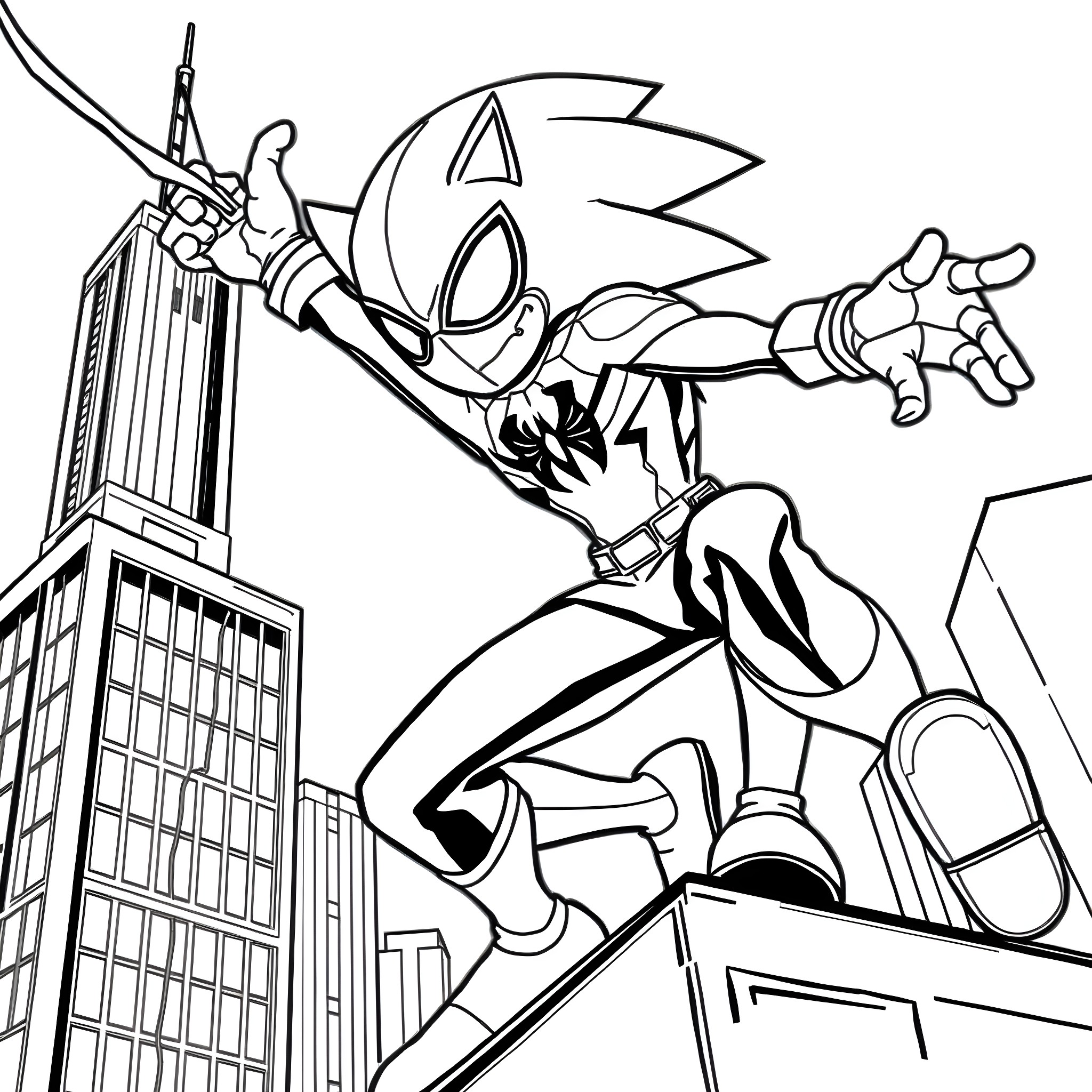 Sonic Speedily Scaling Skyscrapers with Daring Acrobatics Coloring Page (free black-and-white line drawing printable PDF for all, from beginners to advanced learners, including children, teens, adults, and seniors)