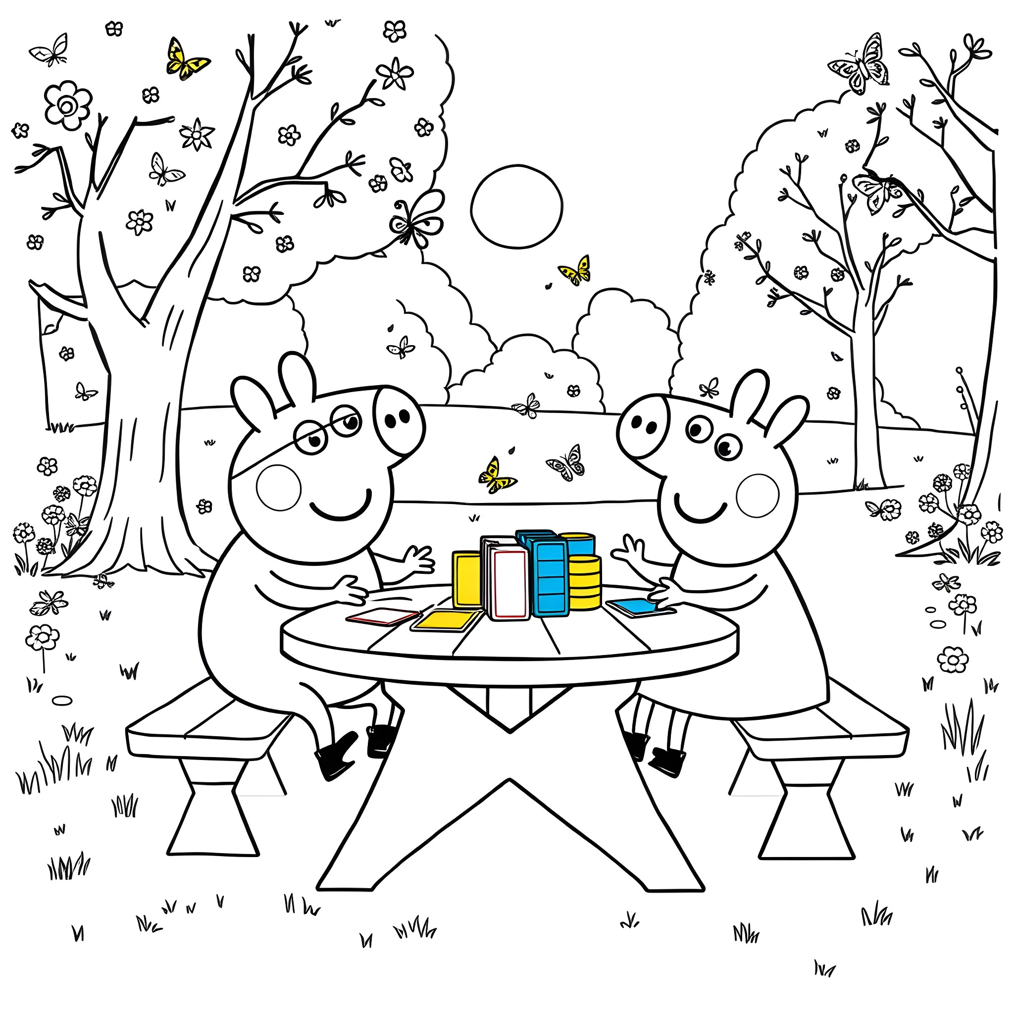 Bluey and Bingo Enjoying Books in the Park Coloring Page (free black-and-white line drawing printable PDF for all, from beginners to advanced learners, including children, teens, adults, and seniors)