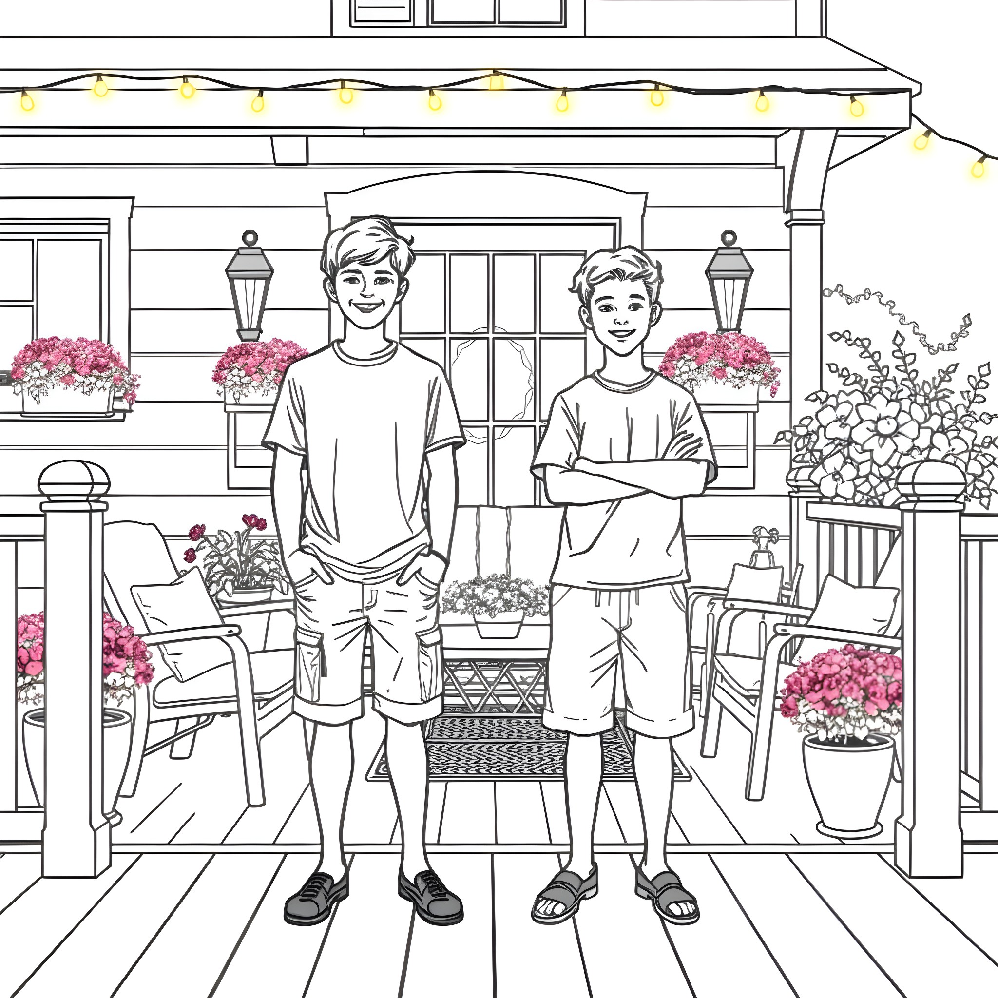 Teen Guys Hanging Out on Porch Coloring Page (free black-and-white line drawing printable PDF for all, from beginners to advanced learners, including children, teens, adults, and seniors)