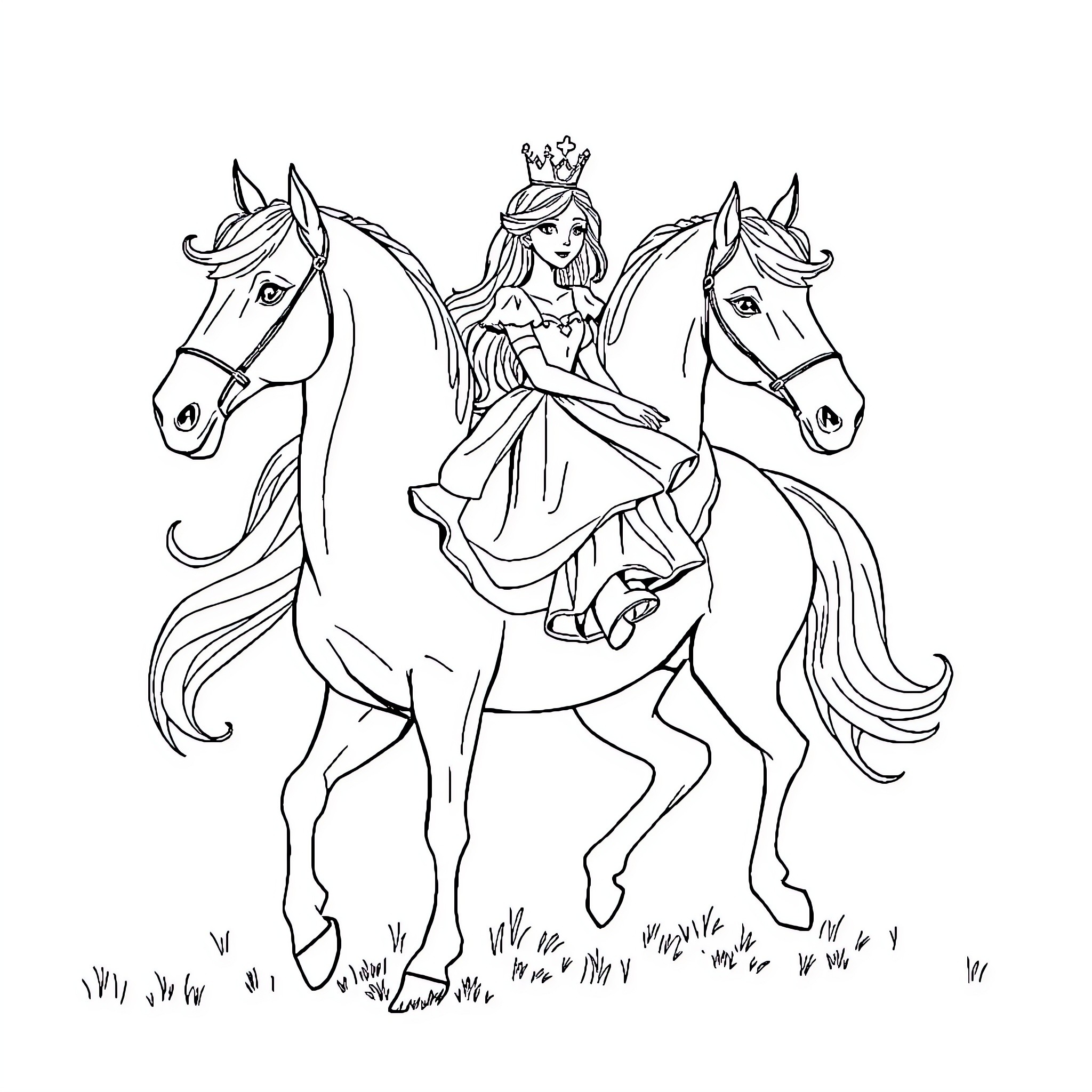 Princess riding majestic horses in the meadow Coloring Page (free black-and-white line drawing printable PDF for all, from beginners to advanced learners, including children, teens, adults, and seniors)