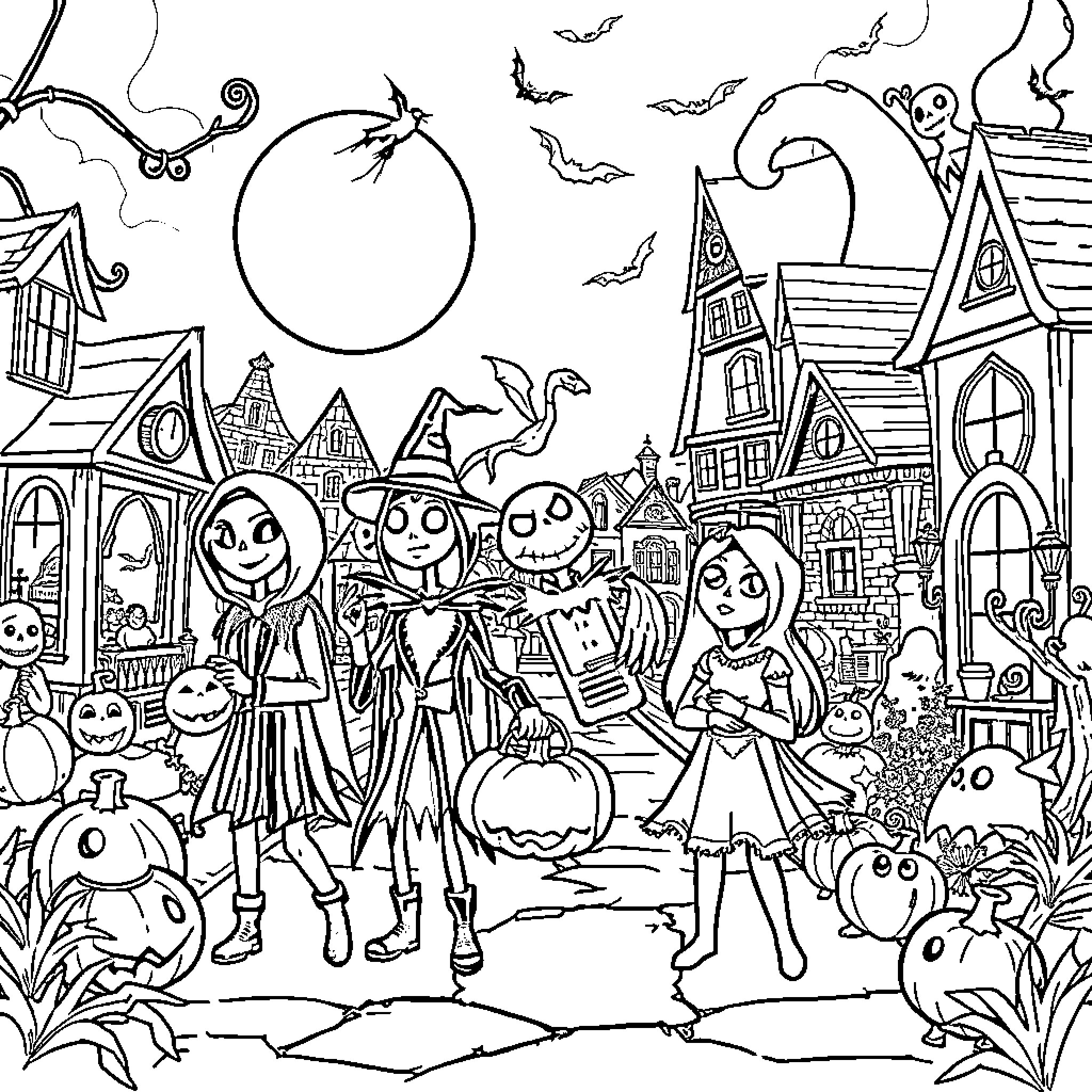 Nightmare Before Christmas: Spooky characters in a whimsical town Coloring Page (free black-and-white line drawing printable PDF for all, from beginners to advanced learners, including children, teens, adults, and seniors)