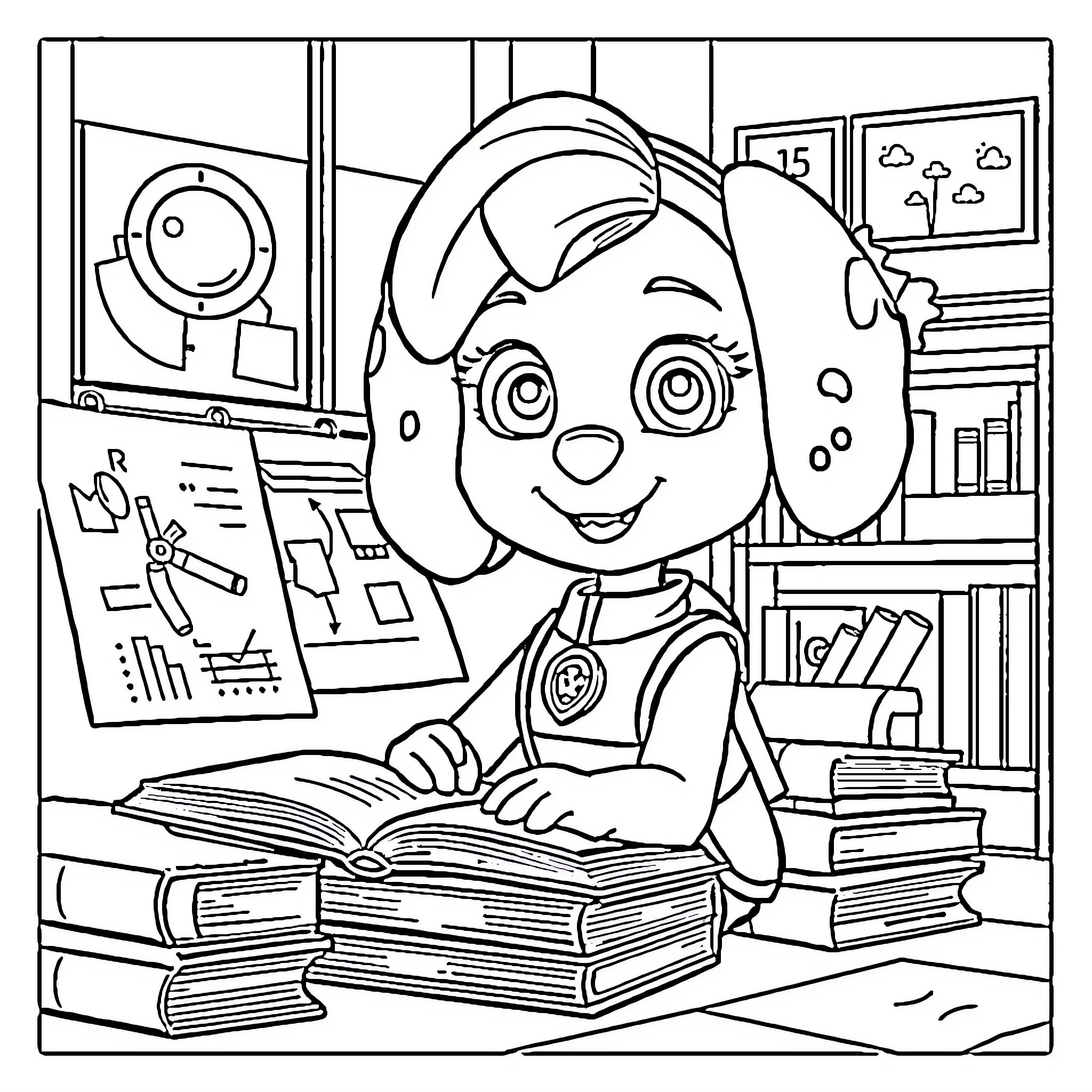 Paw Patrol Puppy Studying Diligently in Library Coloring Page (free black-and-white line drawing printable PDF for all, from beginners to advanced learners, including children, teens, adults, and seniors)