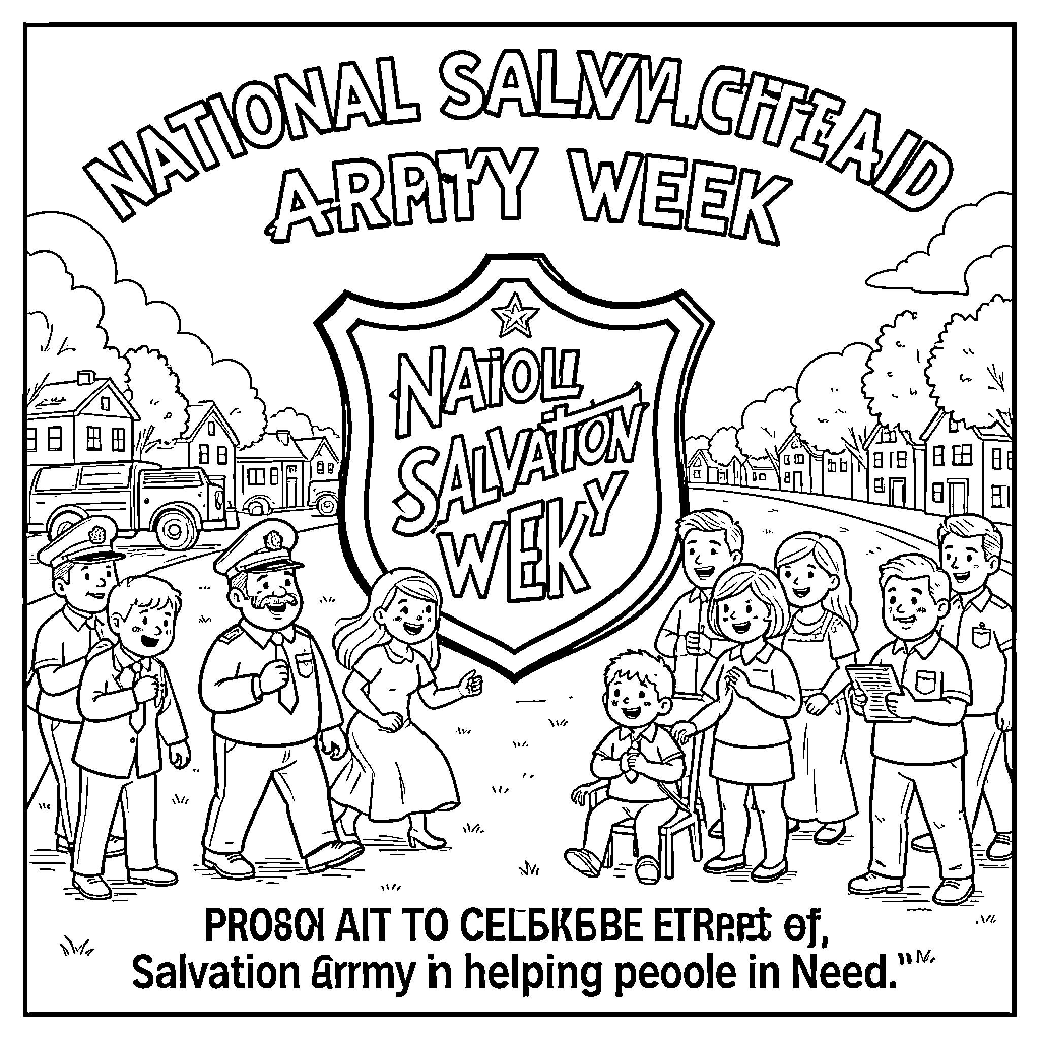 Salvation Army Celebrates National Salvation Army Week Coloring Page (free black-and-white line drawing printable PDF for all, from beginners to advanced learners, including children, teens, adults, and seniors)